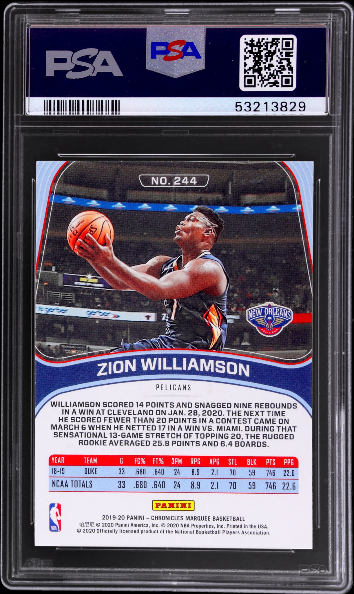 2019 Panini Chronicles #244 Zion Williamson Marquee PSA 10