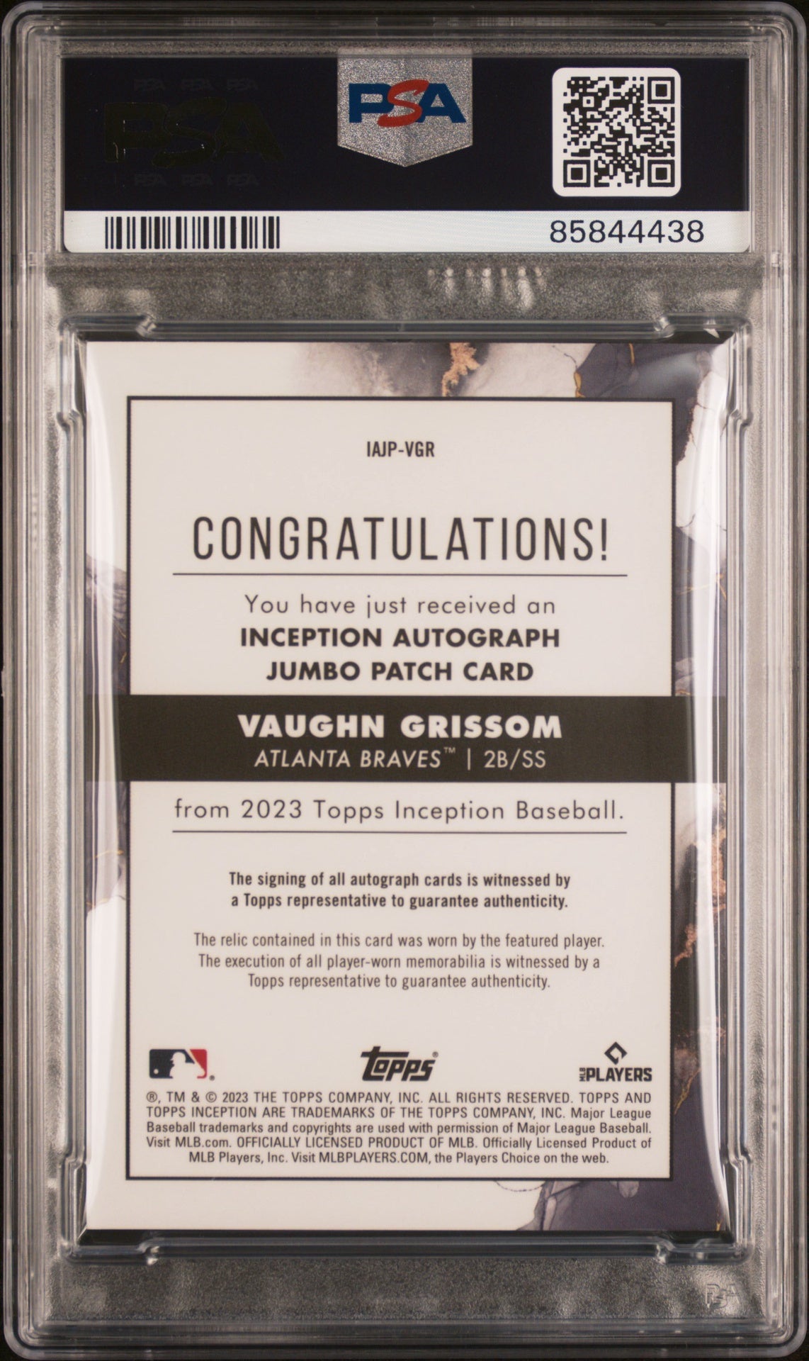 2023 Topps Inception Inception Autograph Jumbo Patch #IAJPVGR Vaughn Grissom Red PSA 8