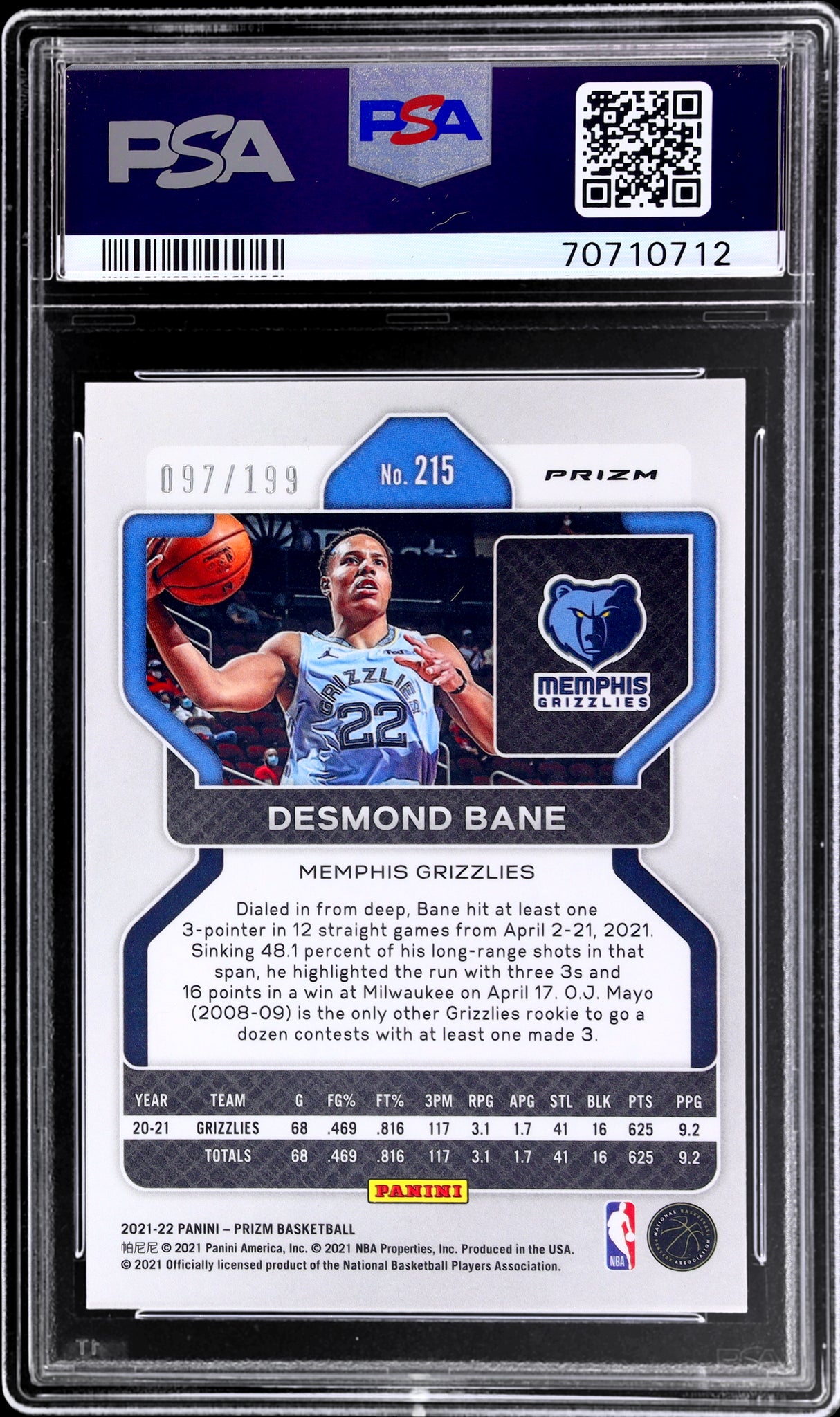 2021 Panini Prizm #215 Desmond Bane Blue Prizm /199 PSA 10