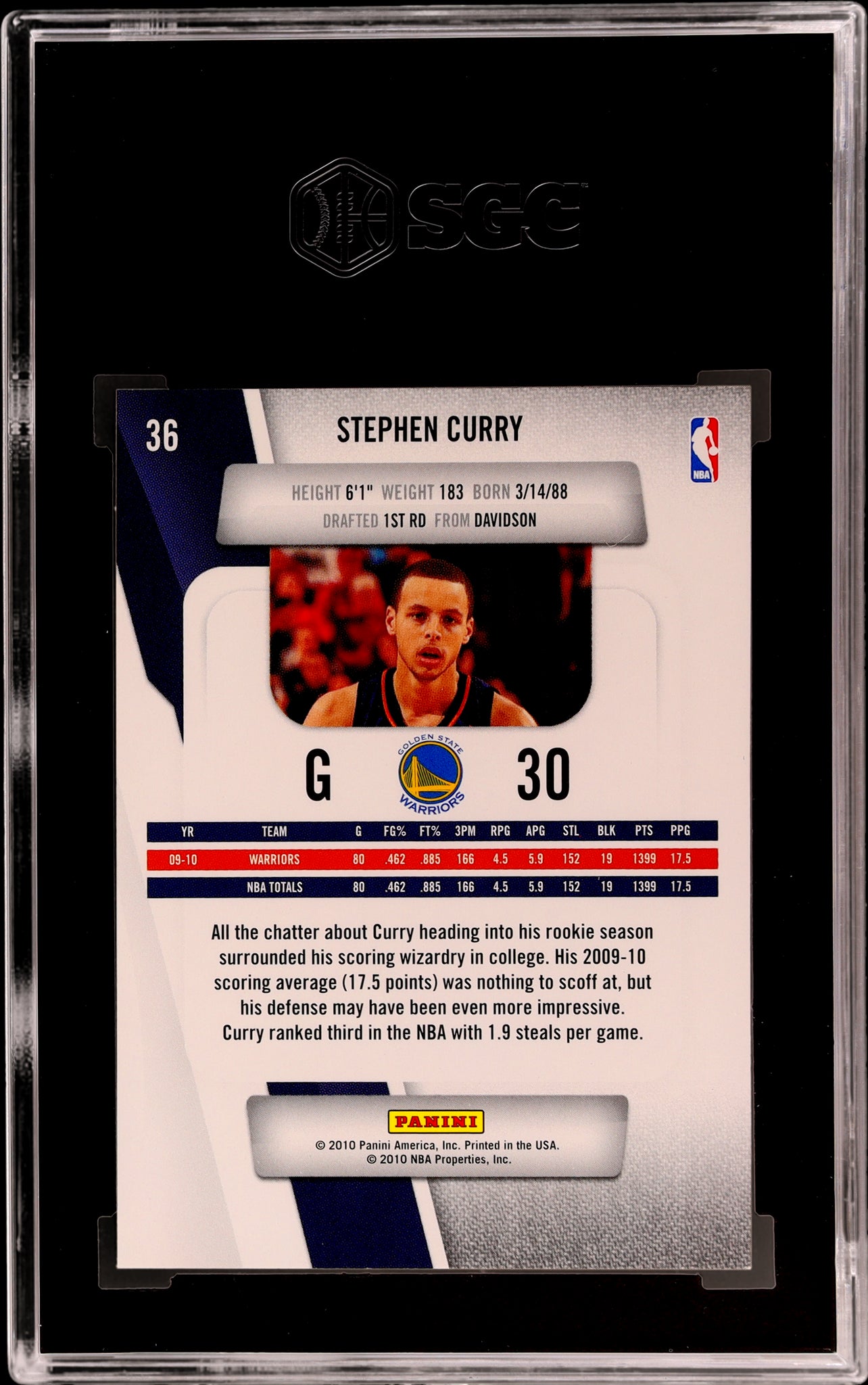 2010 Panini Prestige Stephen Curry #36 SGC 10