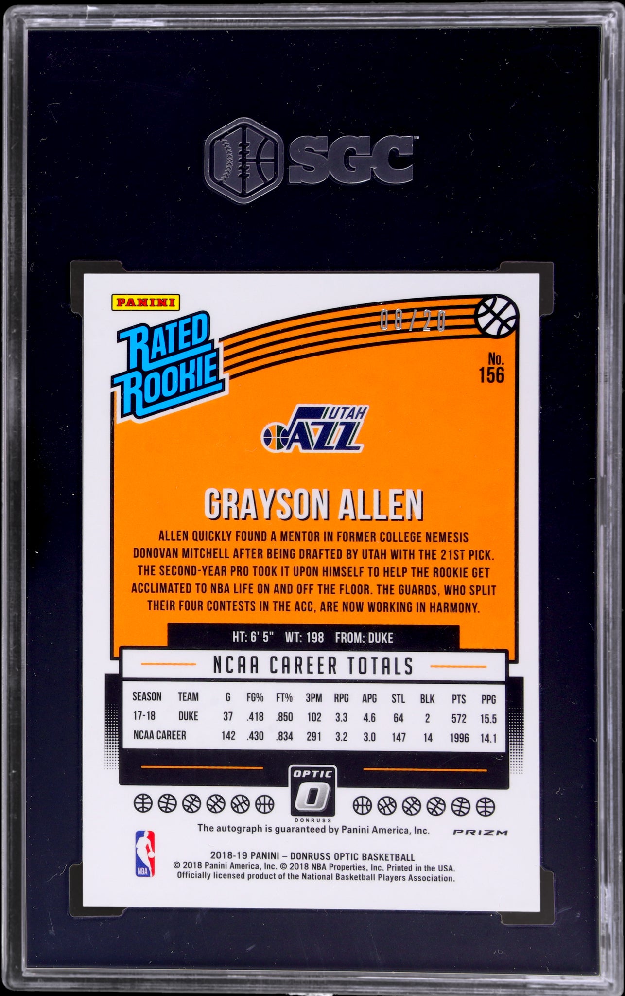 2018 Donruss Optic Rookie Auto Pink Fast Break Grayson Allen /20 SGC 10