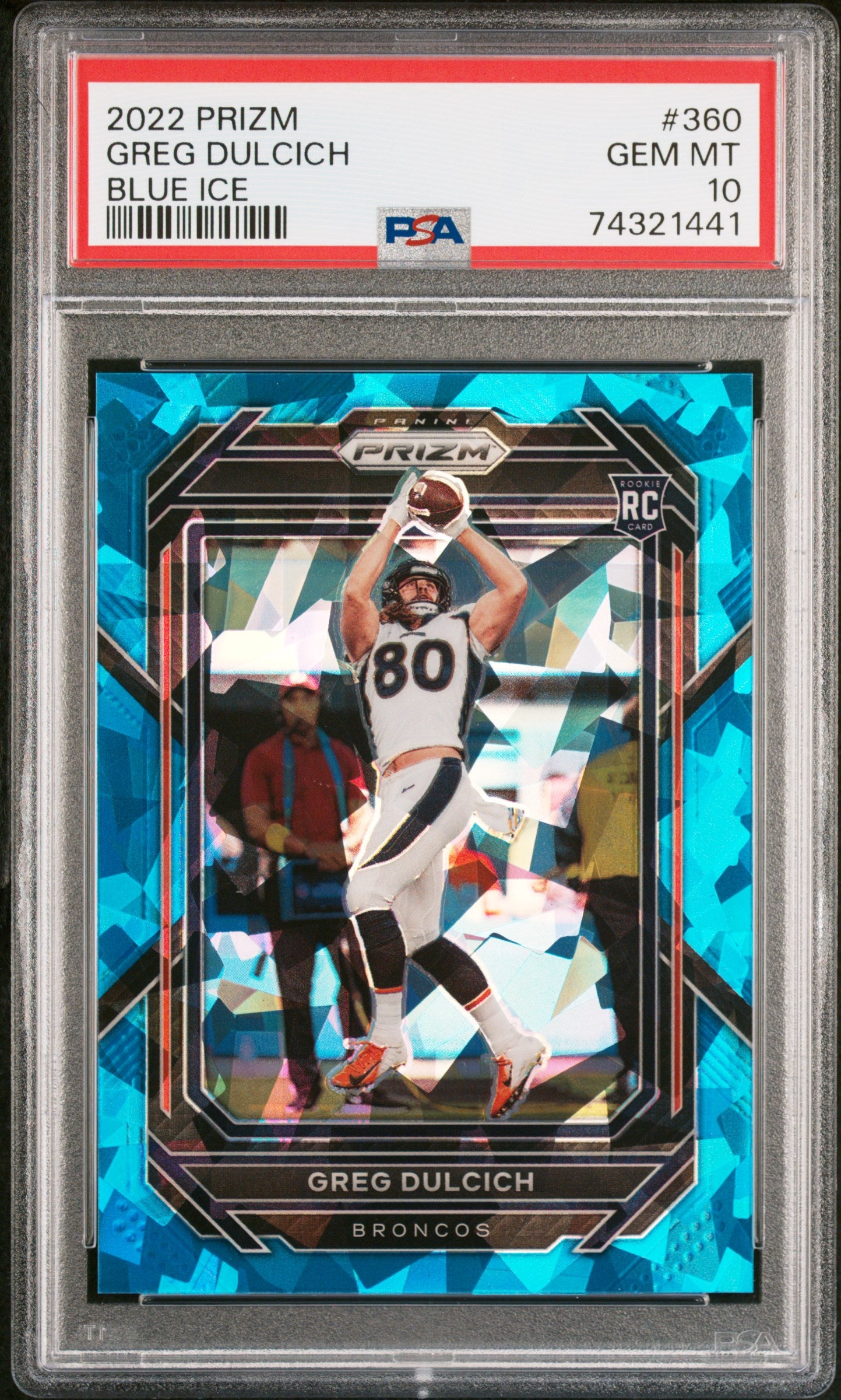 2022 Prizm Blue Ice Greg Dulcich #360 RC /99 PSA 10