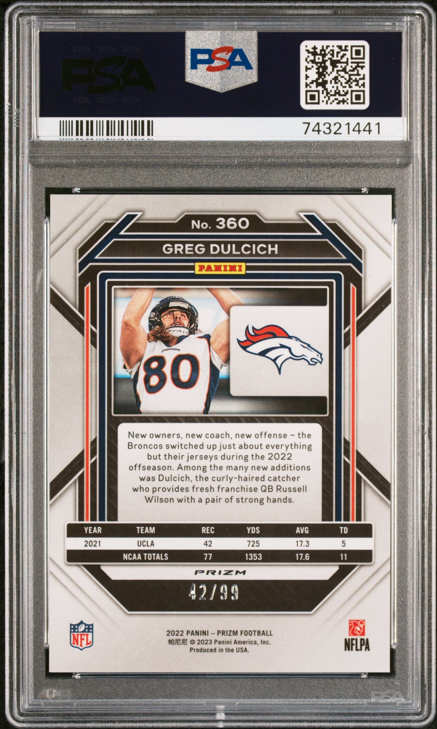 2022 Prizm Blue Ice Greg Dulcich #360 RC /99 PSA 10