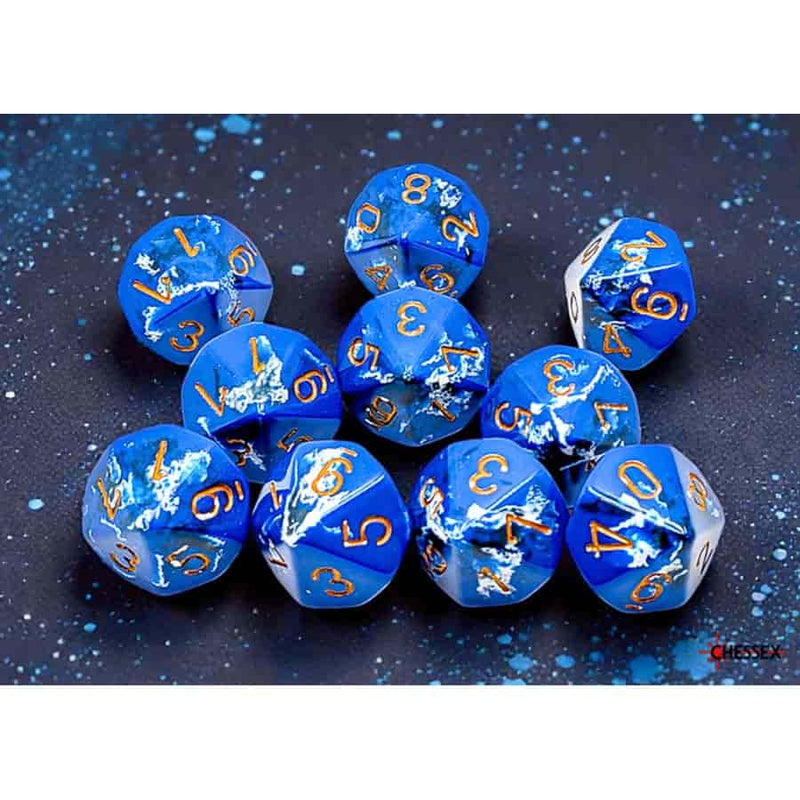 Chessex Brush Wavebreak 10D10 Dice Set - Blue and White with Gold Numbers