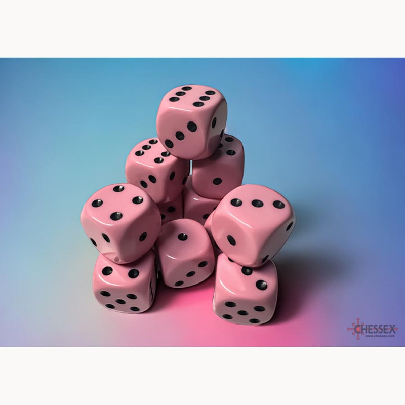 Chessex Opaque 16mm d6 Dice Block (12 Count) - Pastel Pink/Black