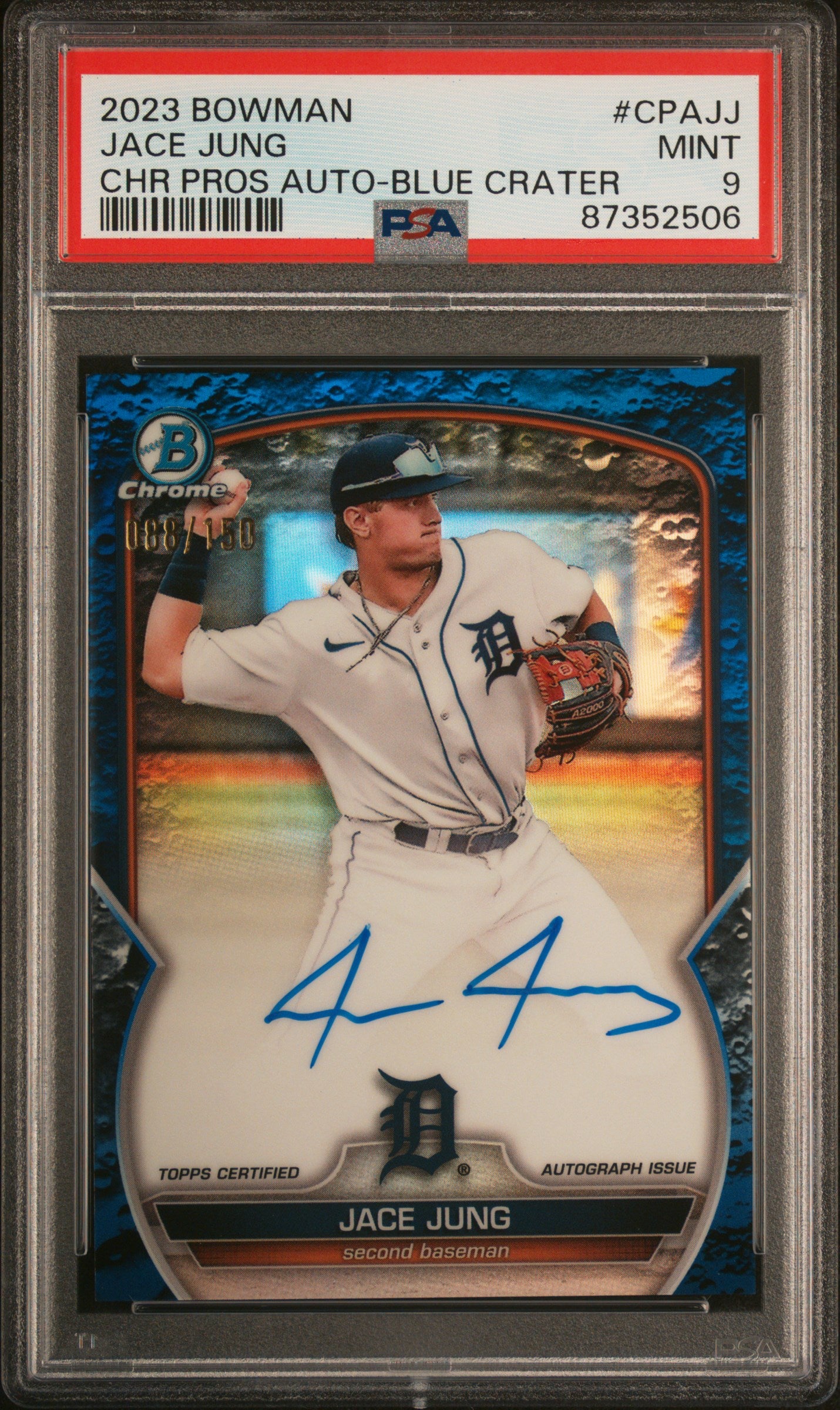 2023 Bowman #CPAJJ Jace Jung Chrome Prospect Autograph Blue Lunar Crater Refractor /150 PSA 9