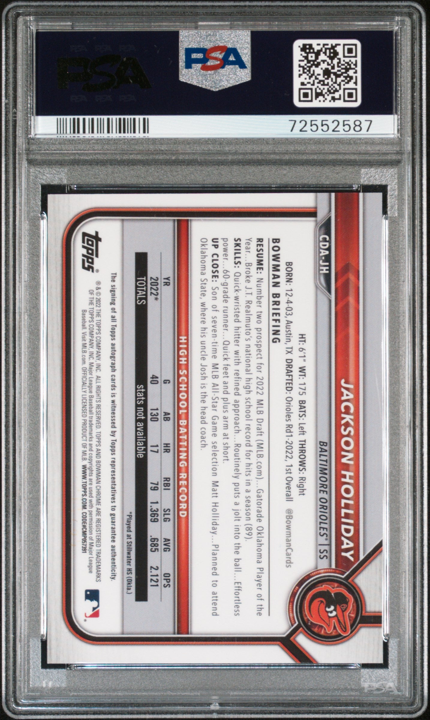 2022 Bowman Draft Aqua Lava Jackson Holliday #CDAJH Auto /199 PSA 9