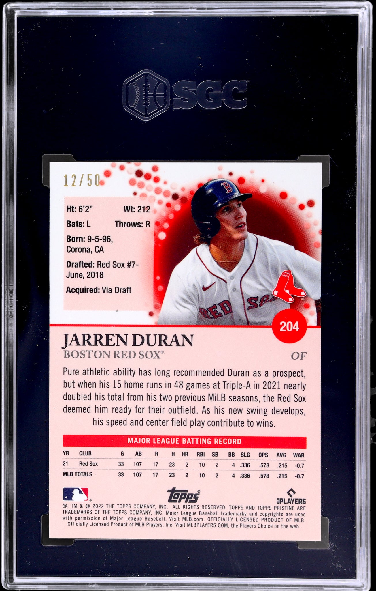 2022 Topps Pristine Gold Refractor Jarren Duran Rookie RC /50 SGC 10