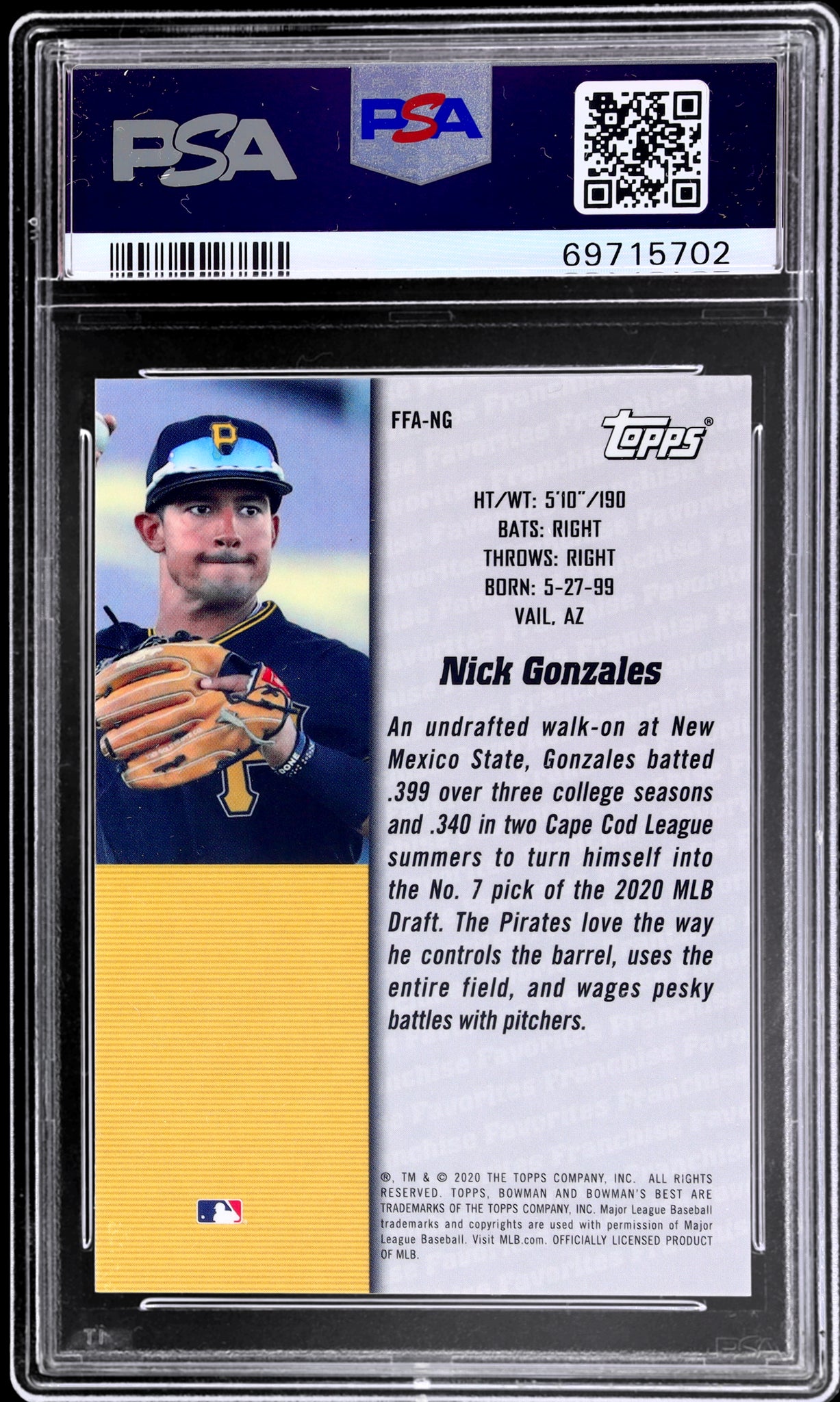 2020 Bowman's Best Franchise Favorites Gold Refractor Nick Gonzales /50 PSA 9