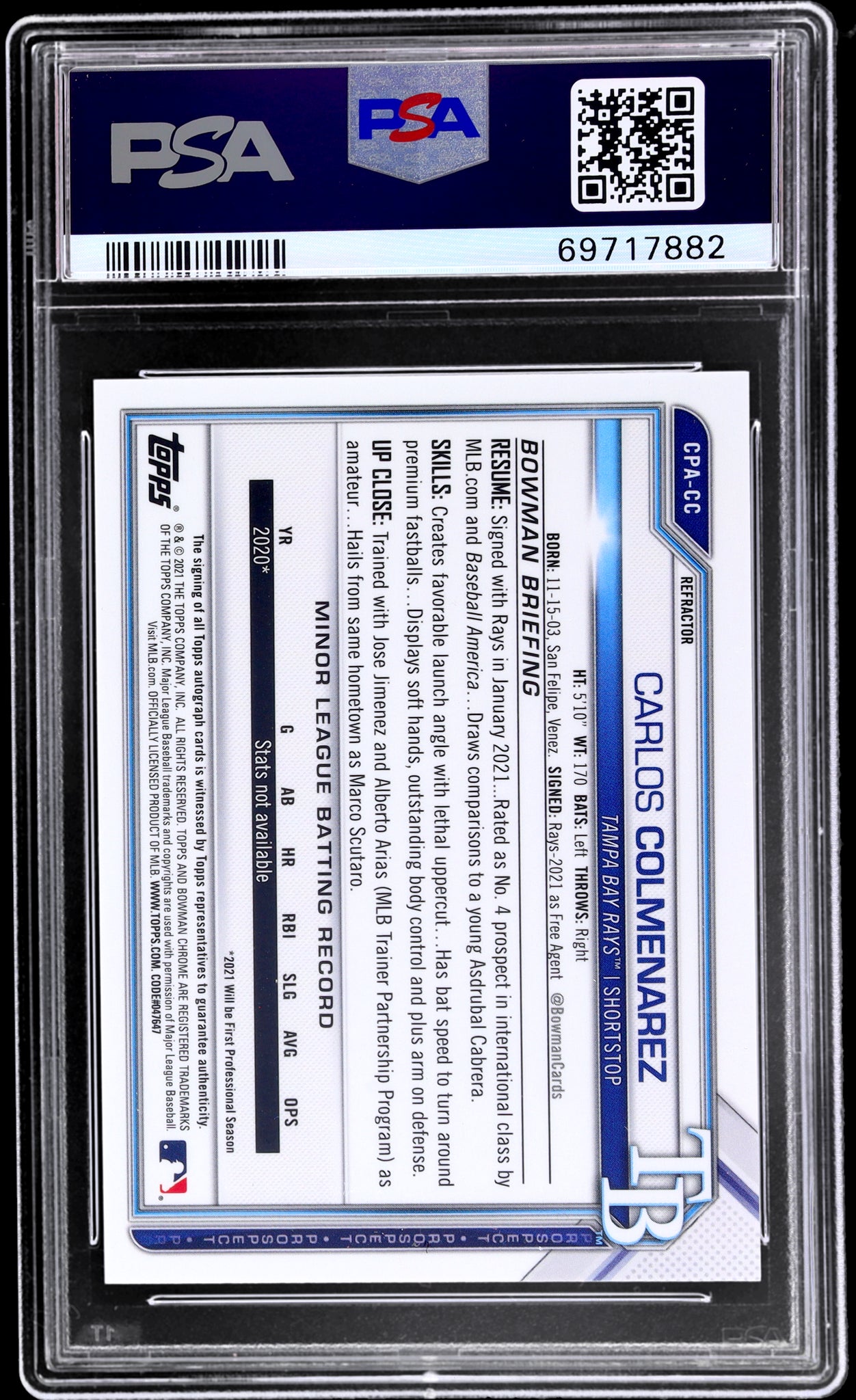 2021 Bowman Chrome Prospect Autograph Refractor Carlos Colmenarez /499 PSA 10