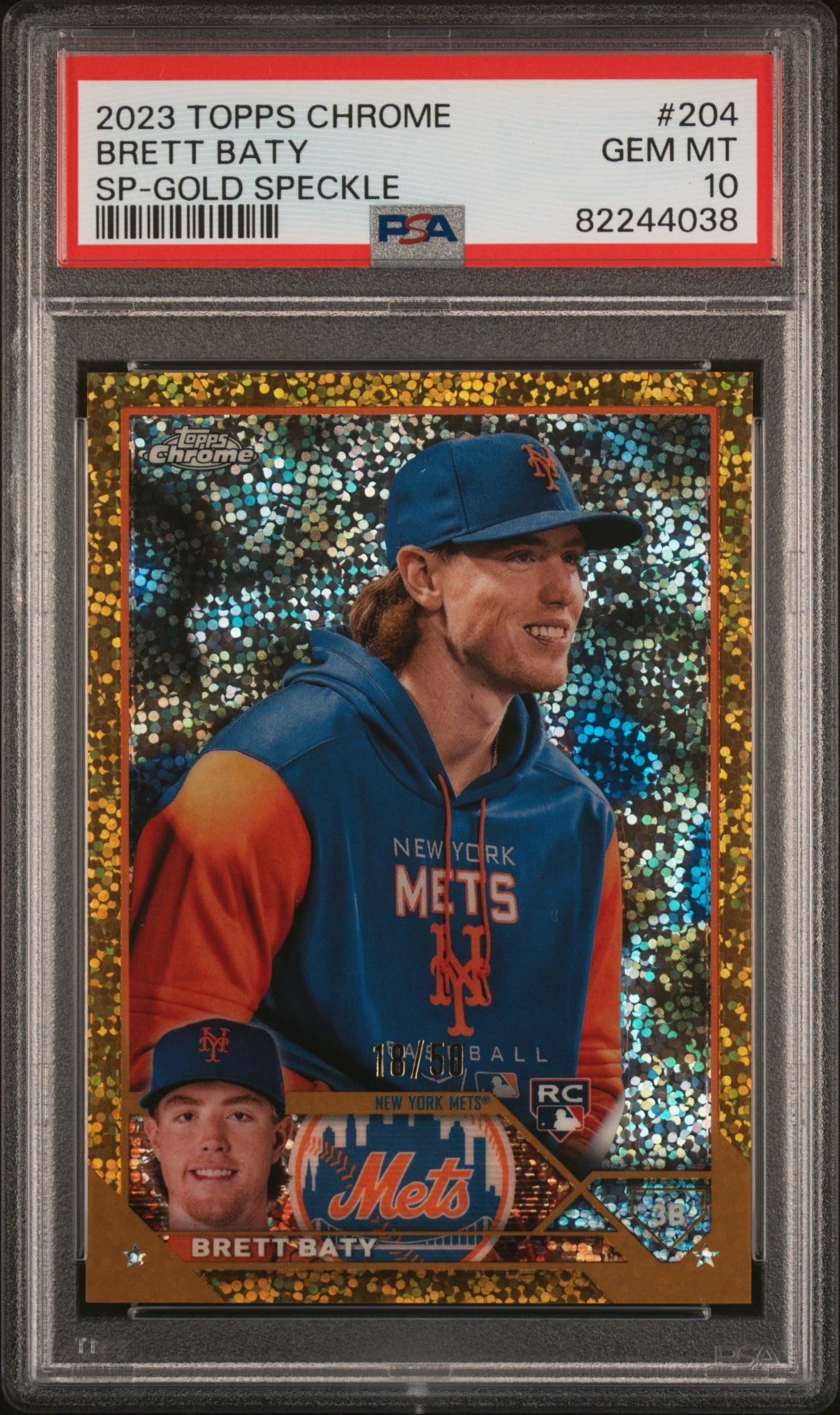 2023 Topps Chrome #204 Brett Baty SP-Gold Speckle /50 Rookie PSA 10 RC