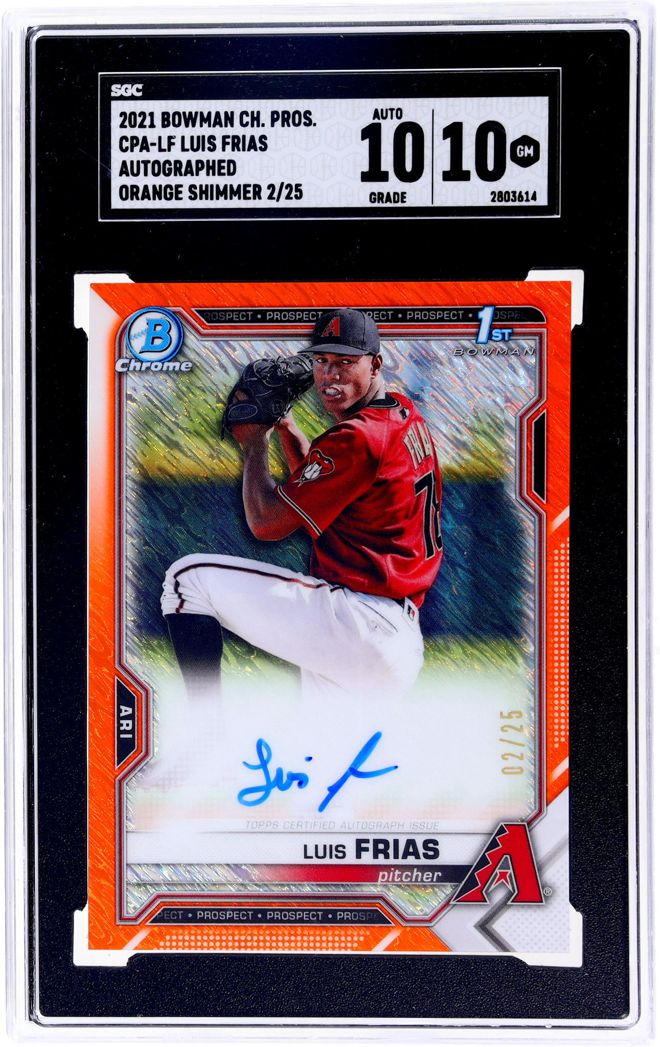 2021 Bowman Chrome Prospect Autograph Orange Shimmer Luis Frias /25 SGC 10