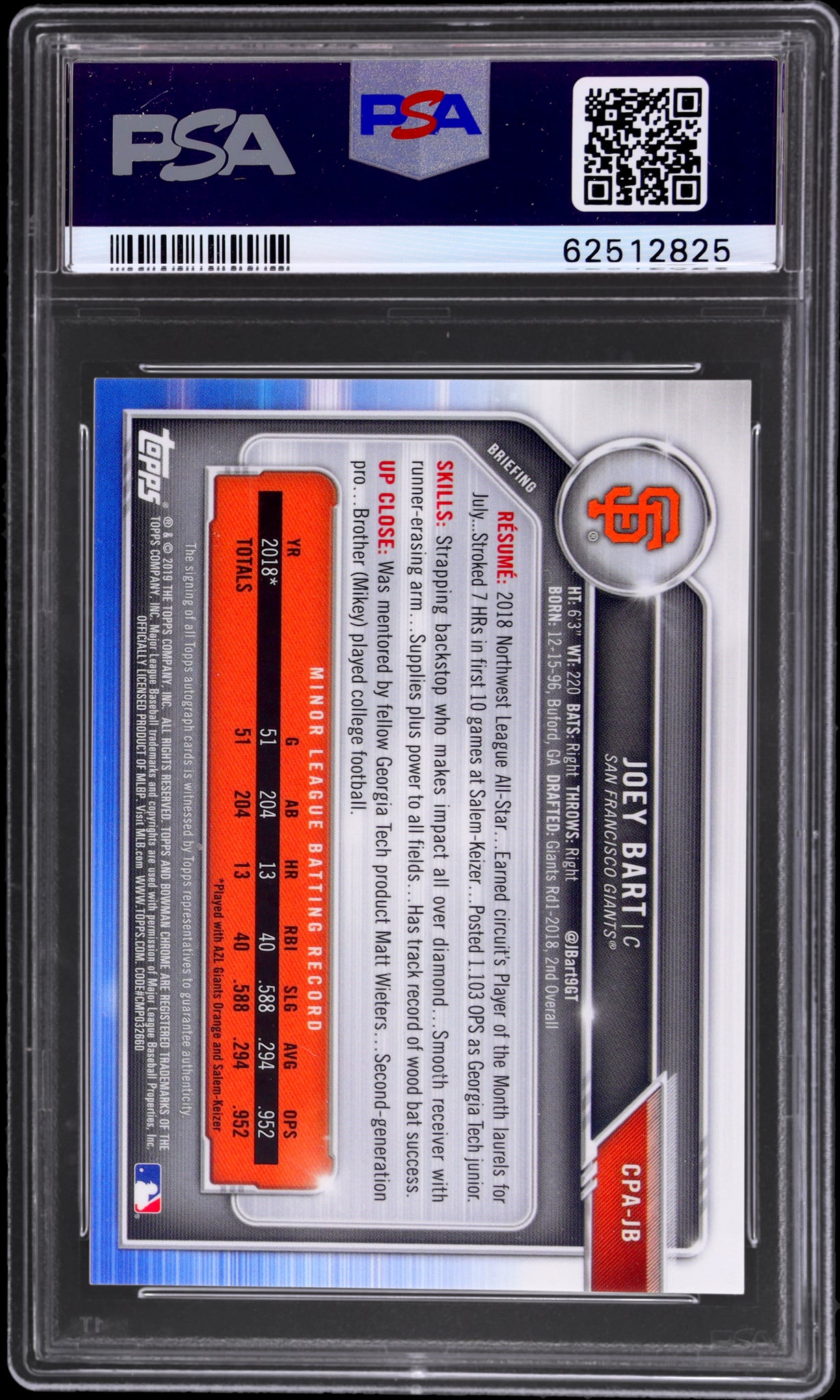 2019 Bowman Chrome Prospect Autograph Joey Bart #CPAJB PSA 9