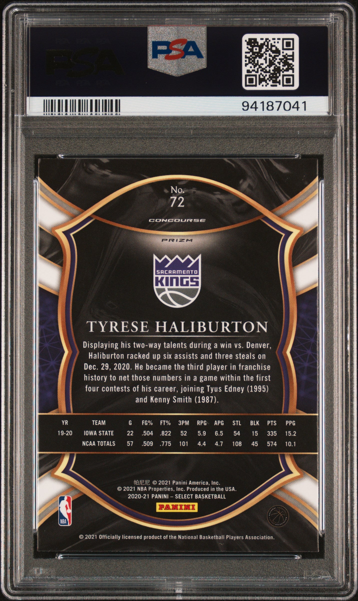 2020 Panini Select Blue White Purple Ice Prizm Tyrese Haliburton #72 PSA 10