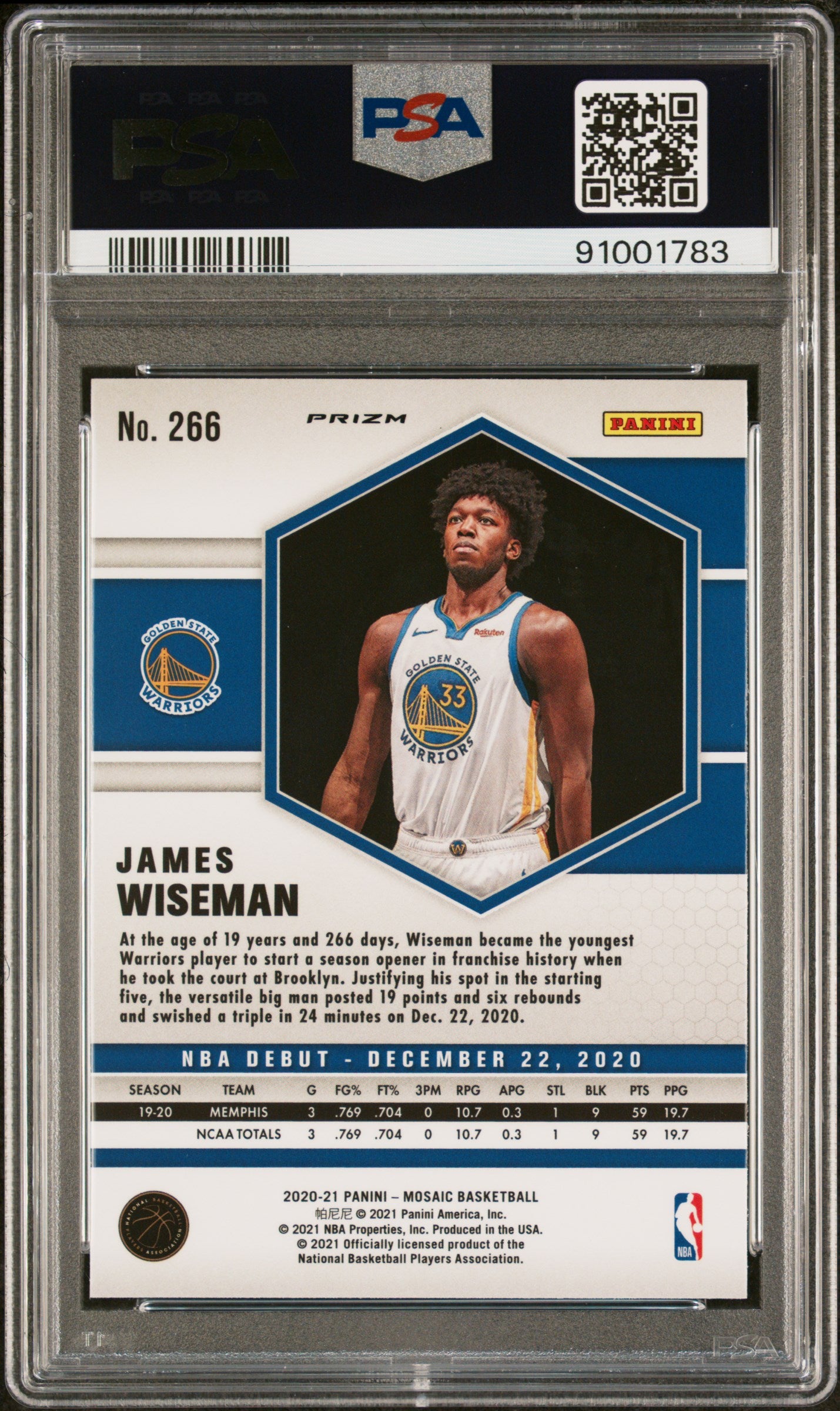 2020 Panini Mosaic Gold Wave James Wiseman #266 RC PSA 10