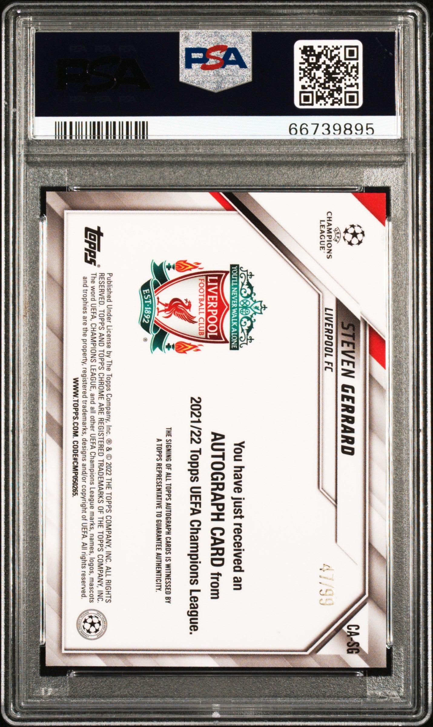 2021 Topps Chrome UCL Neon Green Steven Gerrard #SG Auto /99 PSA 10 Auto 9