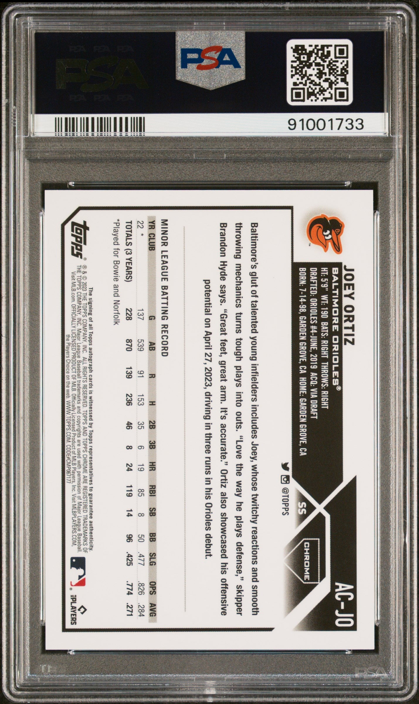2023 Topps Chrome Update Joey Ortiz #AC-JO RC Auto PSA 9