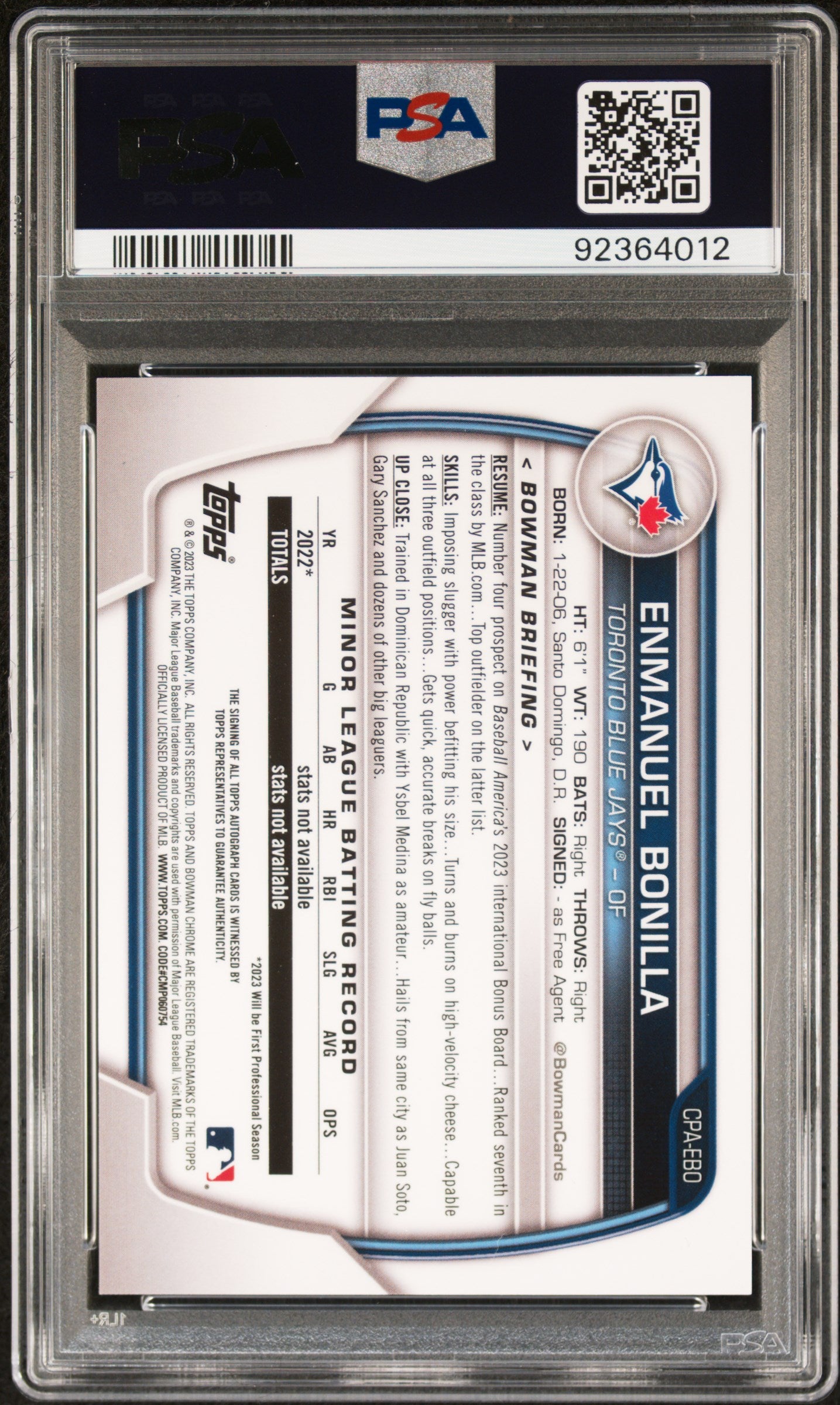 2023 Bowman #CPAEBO Enmanuel Bonilla Chrome Prospect Autograph PSA 8