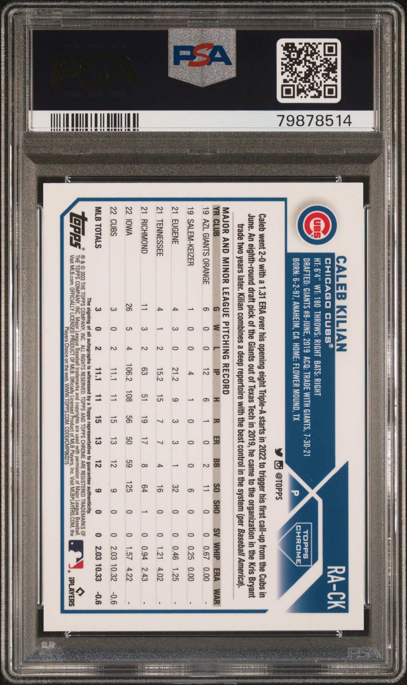 2023 Topps Chrome Red Caleb Kilian #RA-CK RC Auto /5 PSA 9