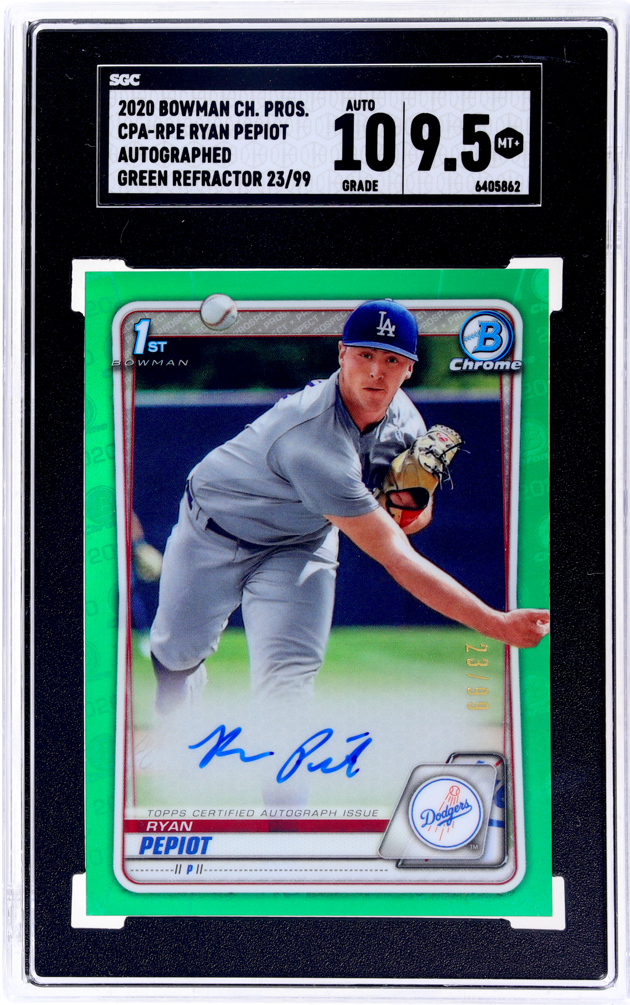 2020 Bowman Chrome Draft #CPA-RPE Ryan Pepiot Auto. Green Refractor 23 SGC 9.5