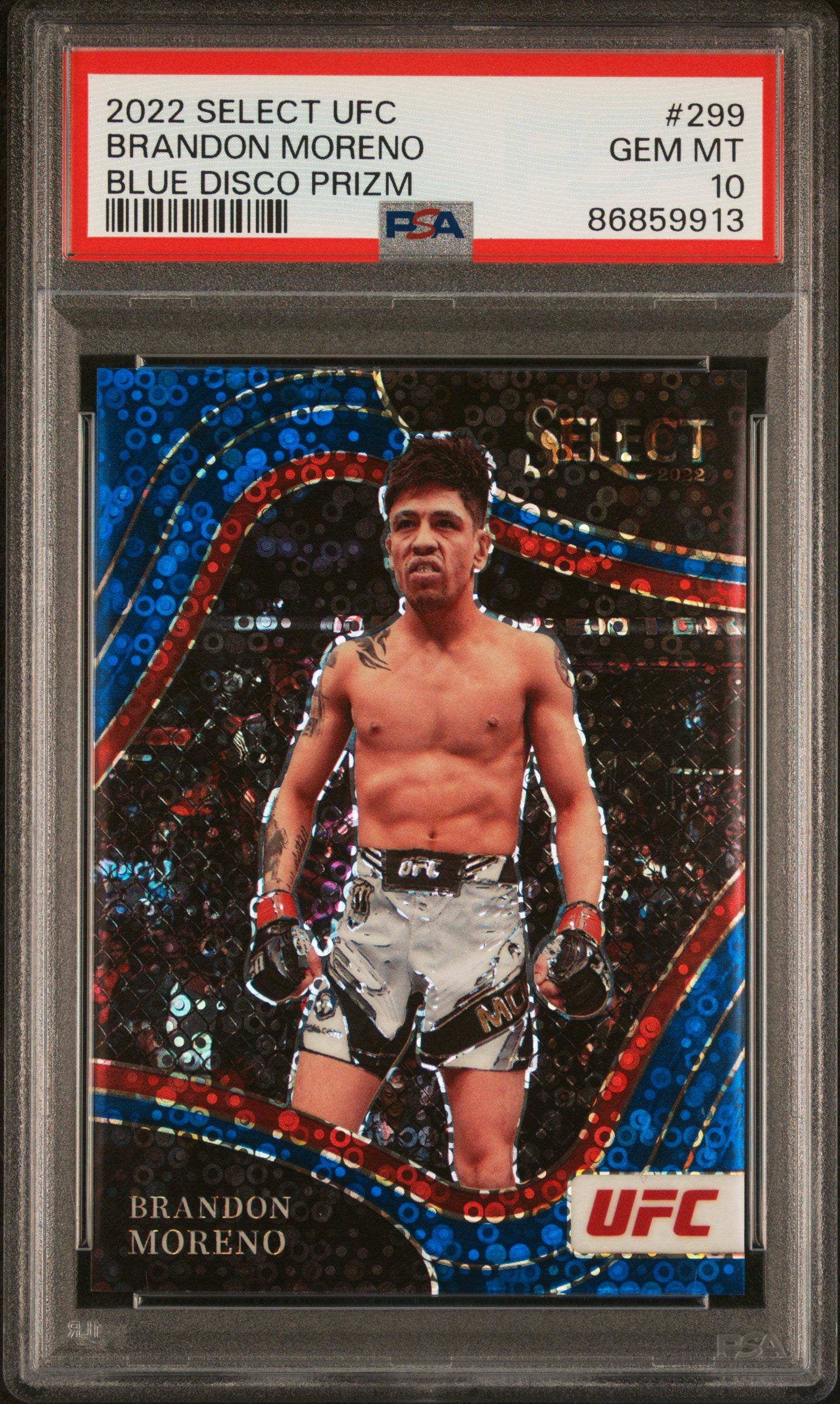 2022 Panini Select Blue Disco Prizm Brandon Moreno #299 /49 PSA 10
