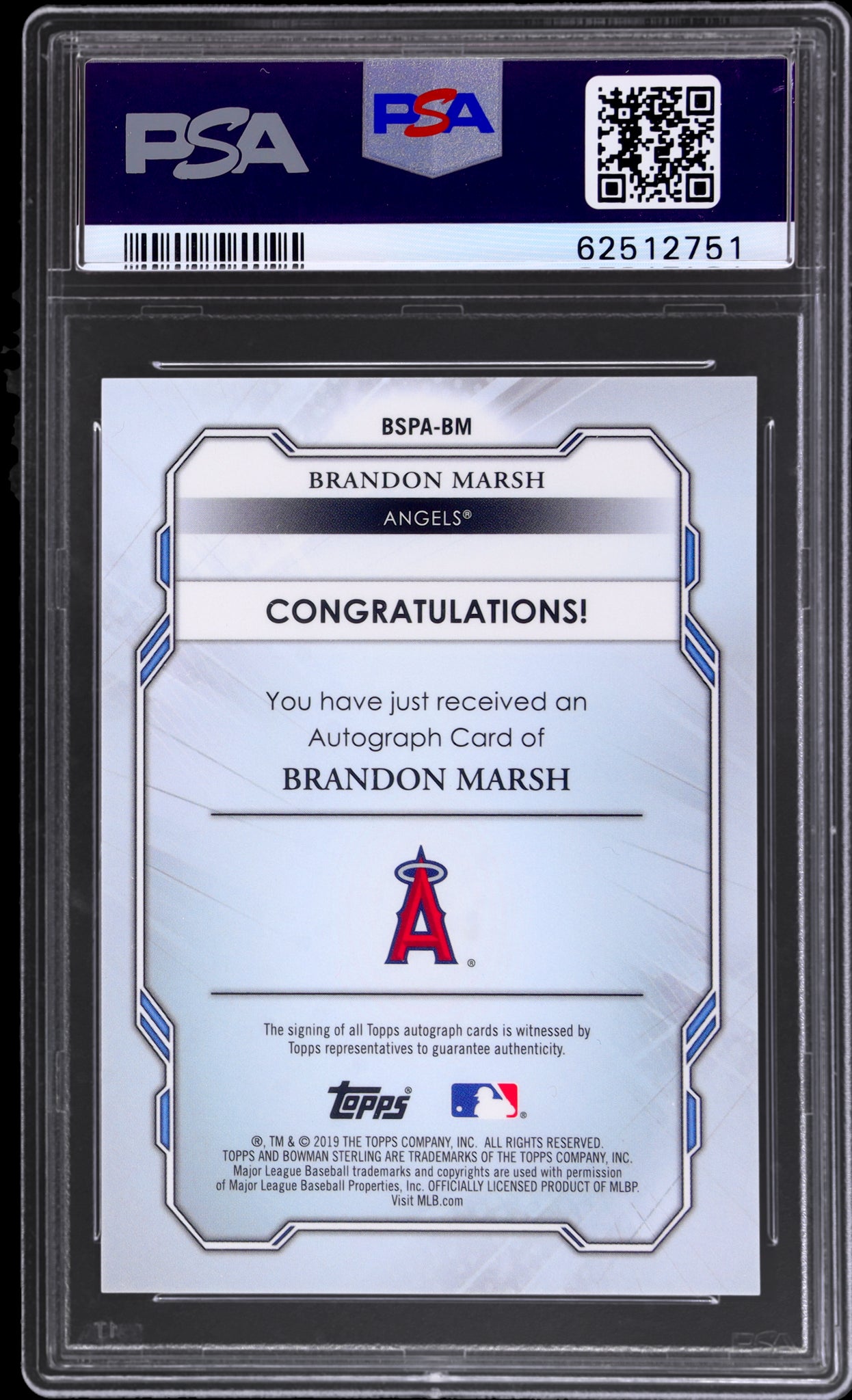 2019 Bowman Sterling Prospect Auto Blue Refractor Brandon Marsh /25 PSA 9