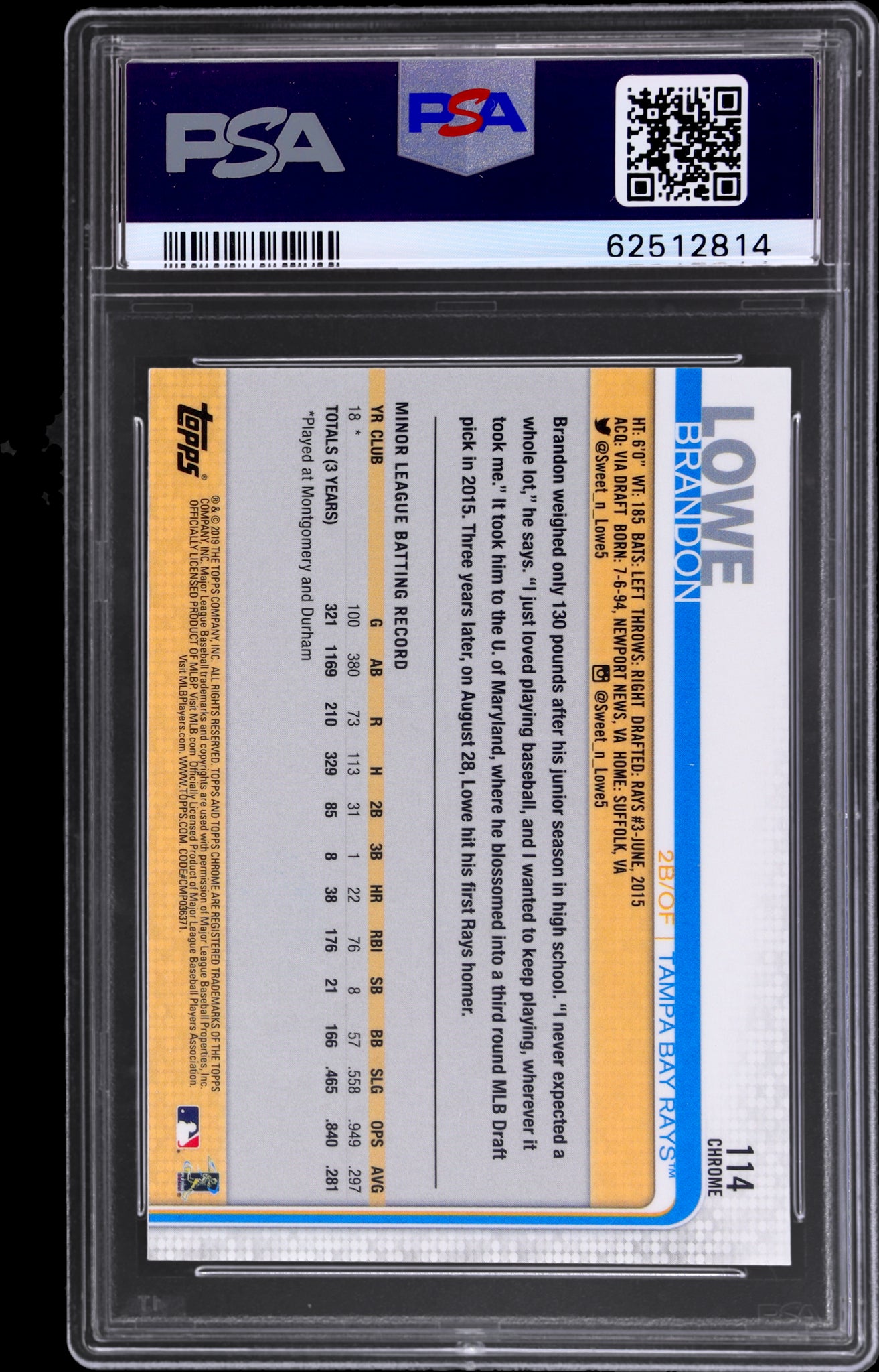 2019 Topps Chrome Sapphire Edition Brandon Lowe Rookie #114 RC PSA 10