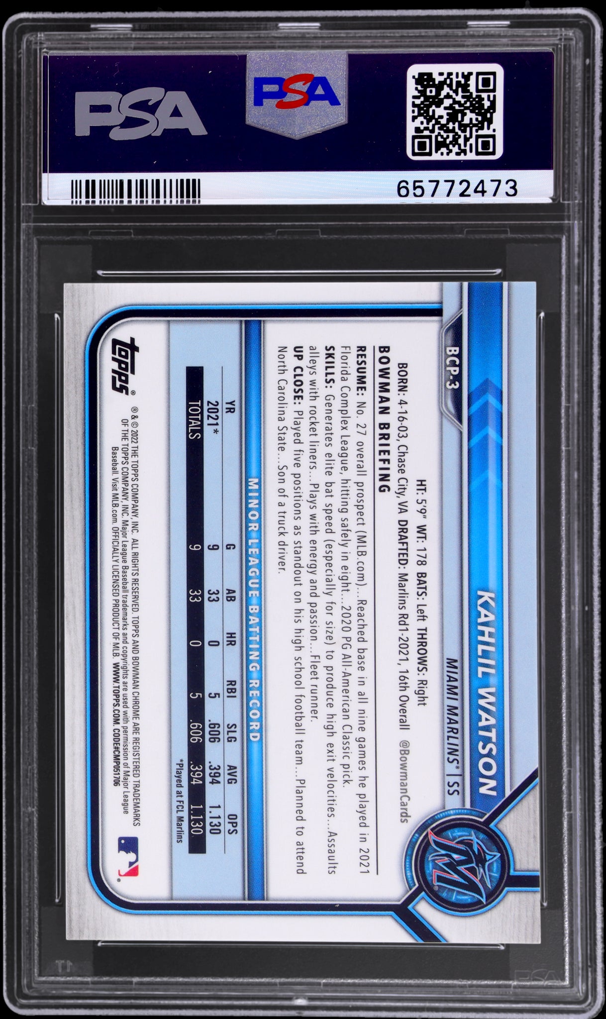 2022 Bowman Chrome Prospects Green Ref. Kahlil Watson /99 PSA 9