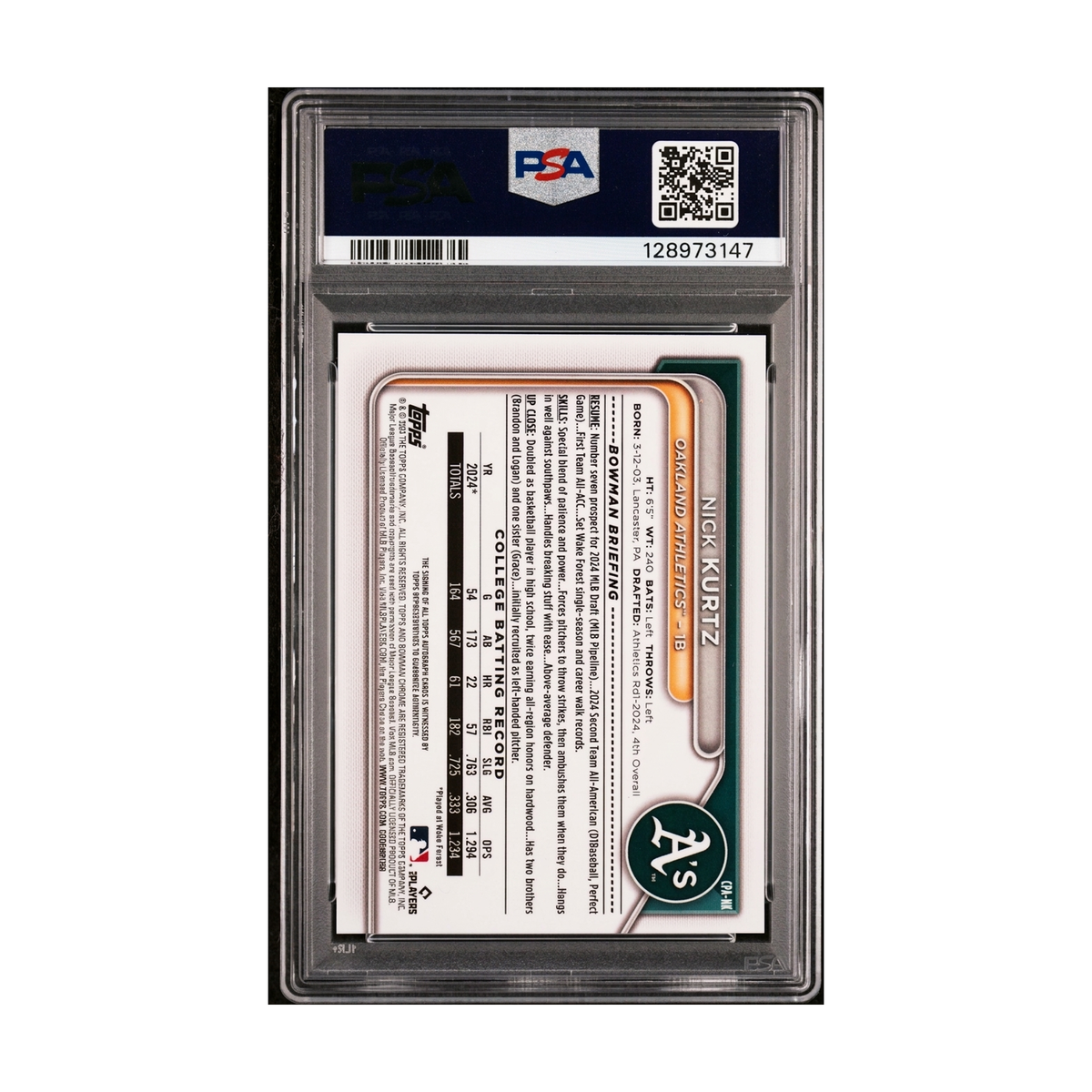 2024 Bowman Draft Nick Kurtz Chrome Prospect Autograph #CPANK PSA 10