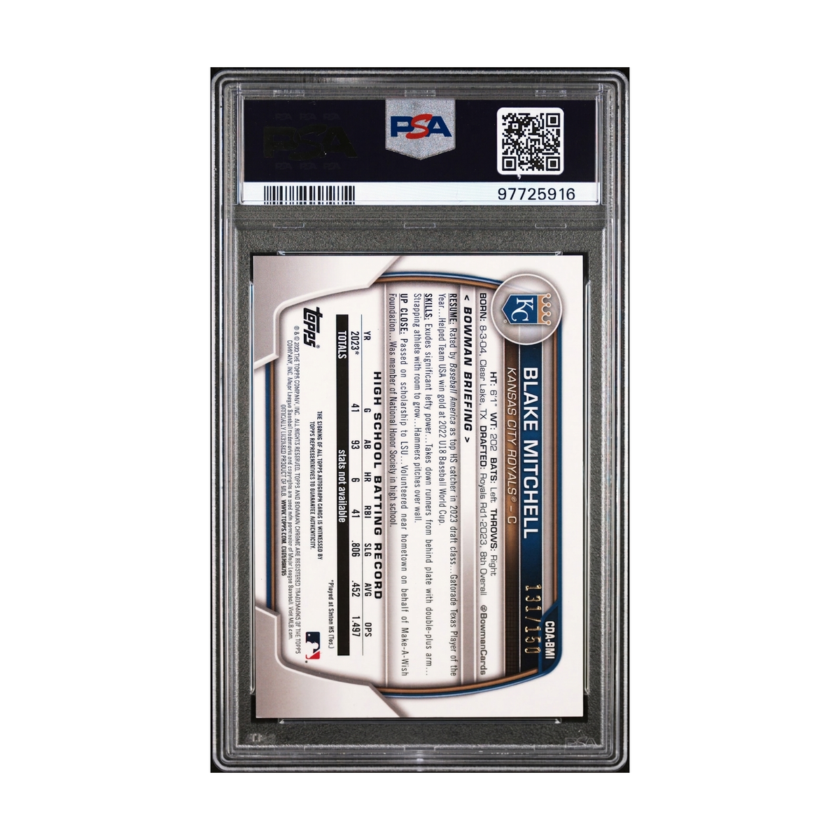2023 Bowman Draft Blake Mitchell Chrome Pros AU-HTA Choice Auto #CDA-BMI /150 PSA 8