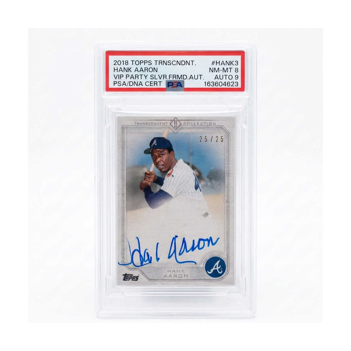 2018 Topps Transcendent Hank Aaron VIP Party Silver Framed Auto #HANK3 /25 PSA 8