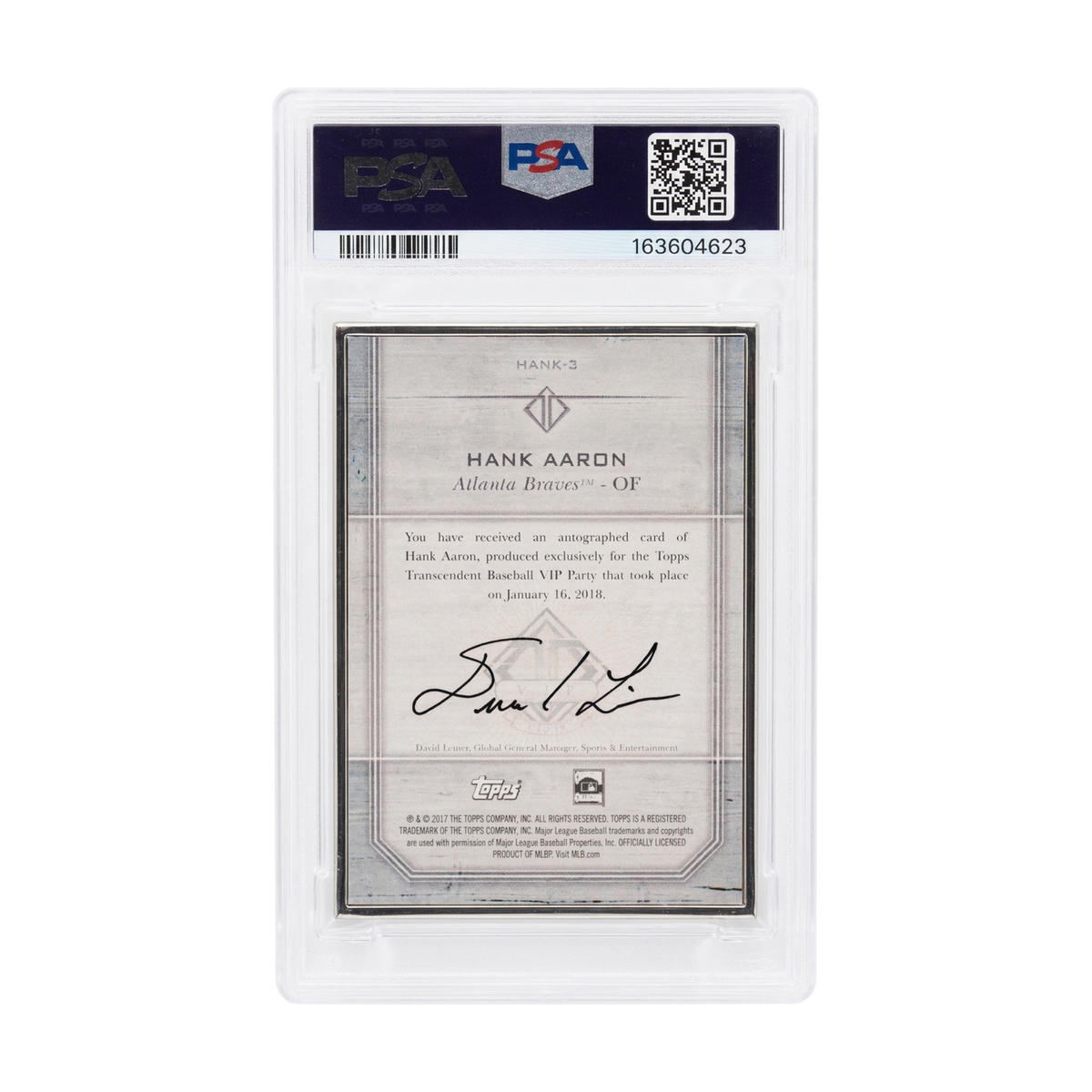 2018 Topps Transcendent Hank Aaron VIP Party Silver Framed Auto #HANK3 /25 PSA 8