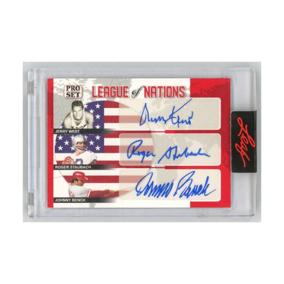 2022 Pro Set League of Nations Jerry West/Roger Staubach/Johnny Bench Auto #LON-10