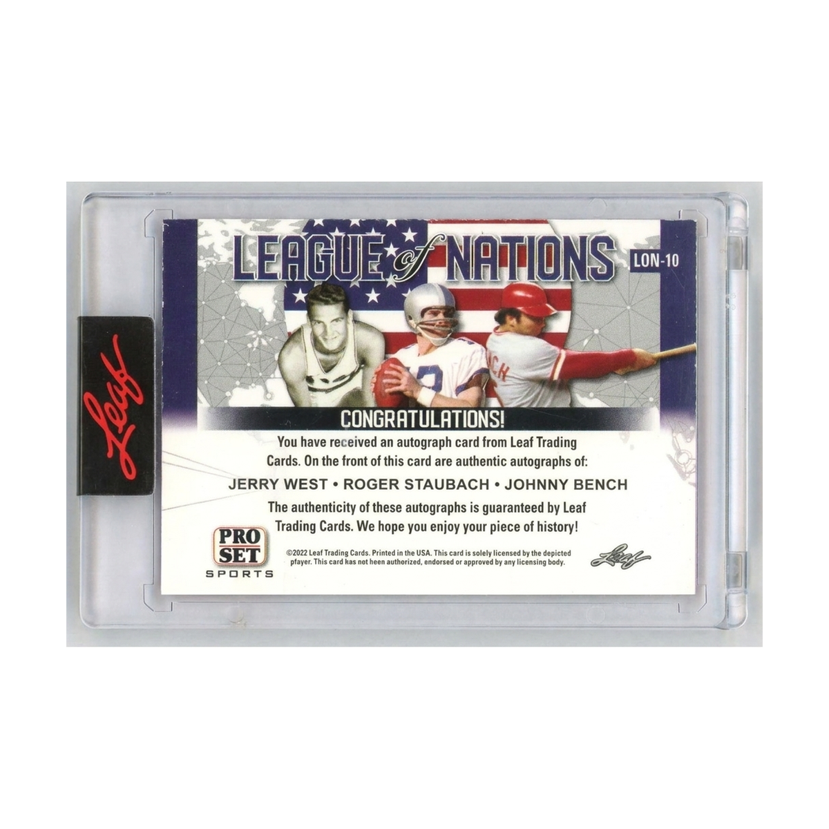 2022 Pro Set League of Nations Jerry West/Roger Staubach/Johnny Bench Auto #LON-10