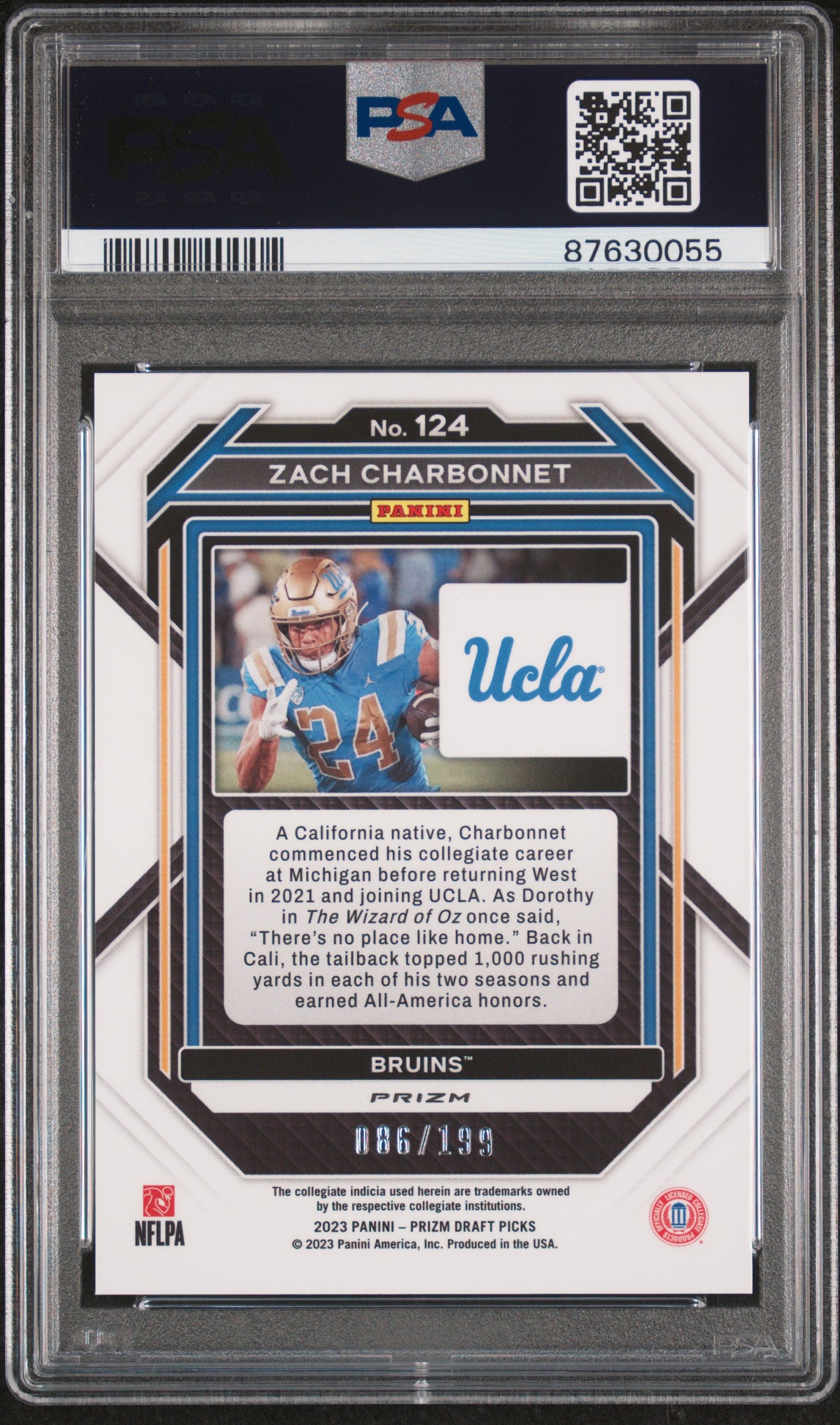 2023 Panini Prizm Draft Blue Zach Charbonnet #124 RC /199 PSA 10