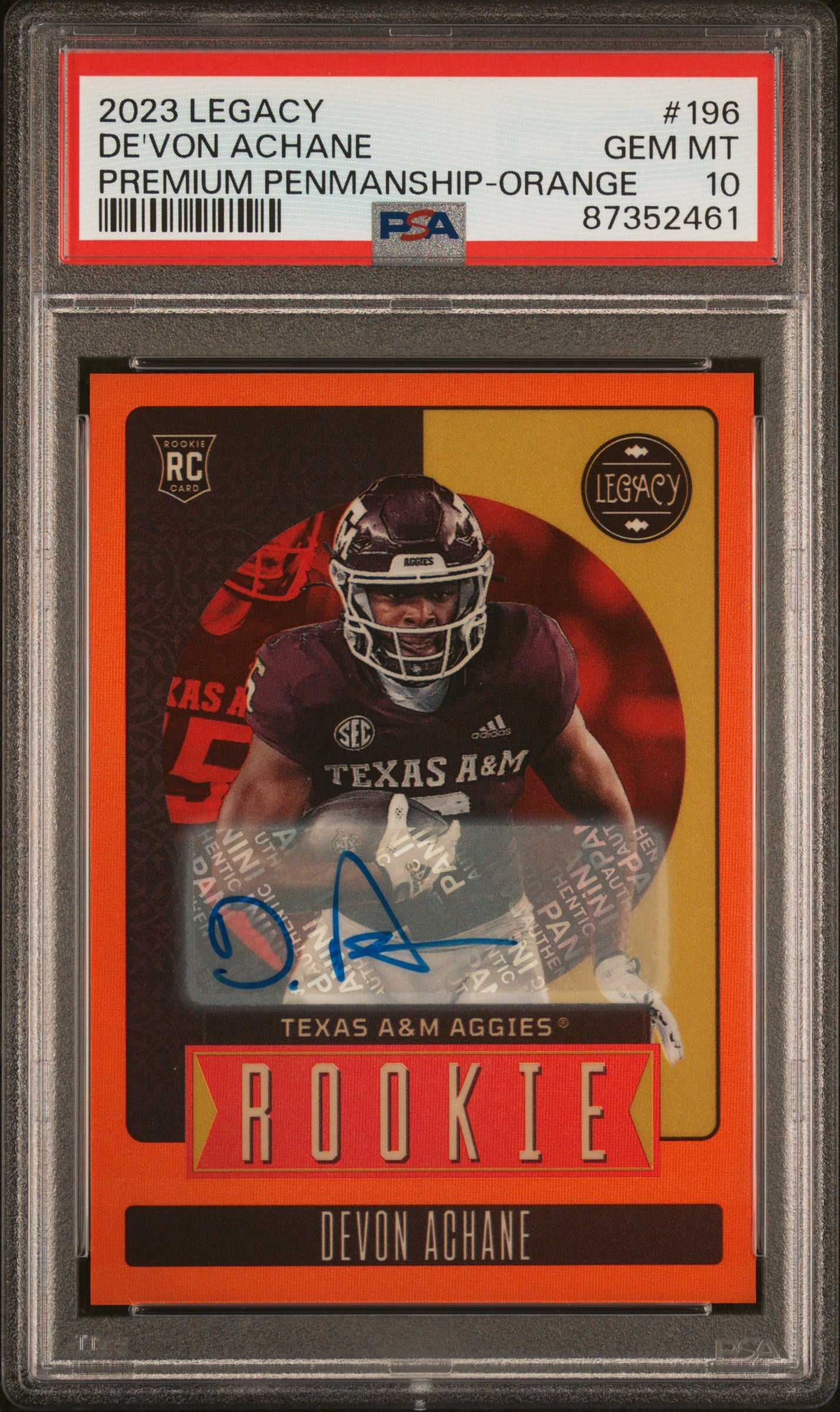 2023 Panini Legacy #196 De'Von Achane Premium Penmanship-Orange PSA 10