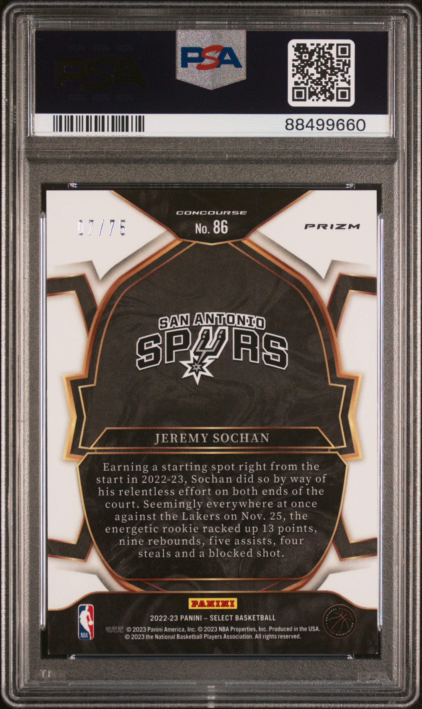 2022 Select Neon Green Jeremy Sochan #86 RC /75 PSA 9
