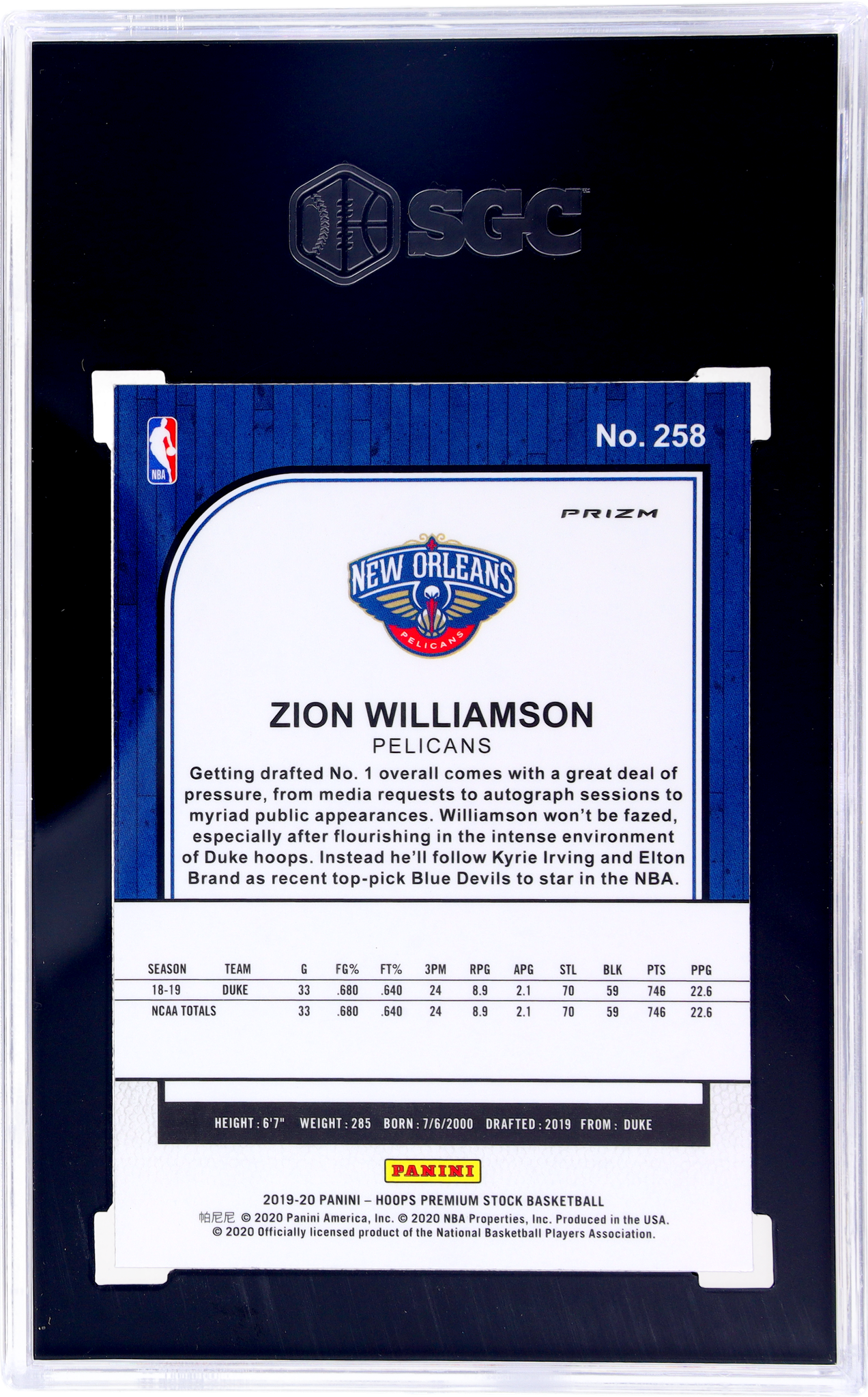 2019 Hoops Premium Stock Silver Laser Prizm Zion Williamson #258 SGC 9.5