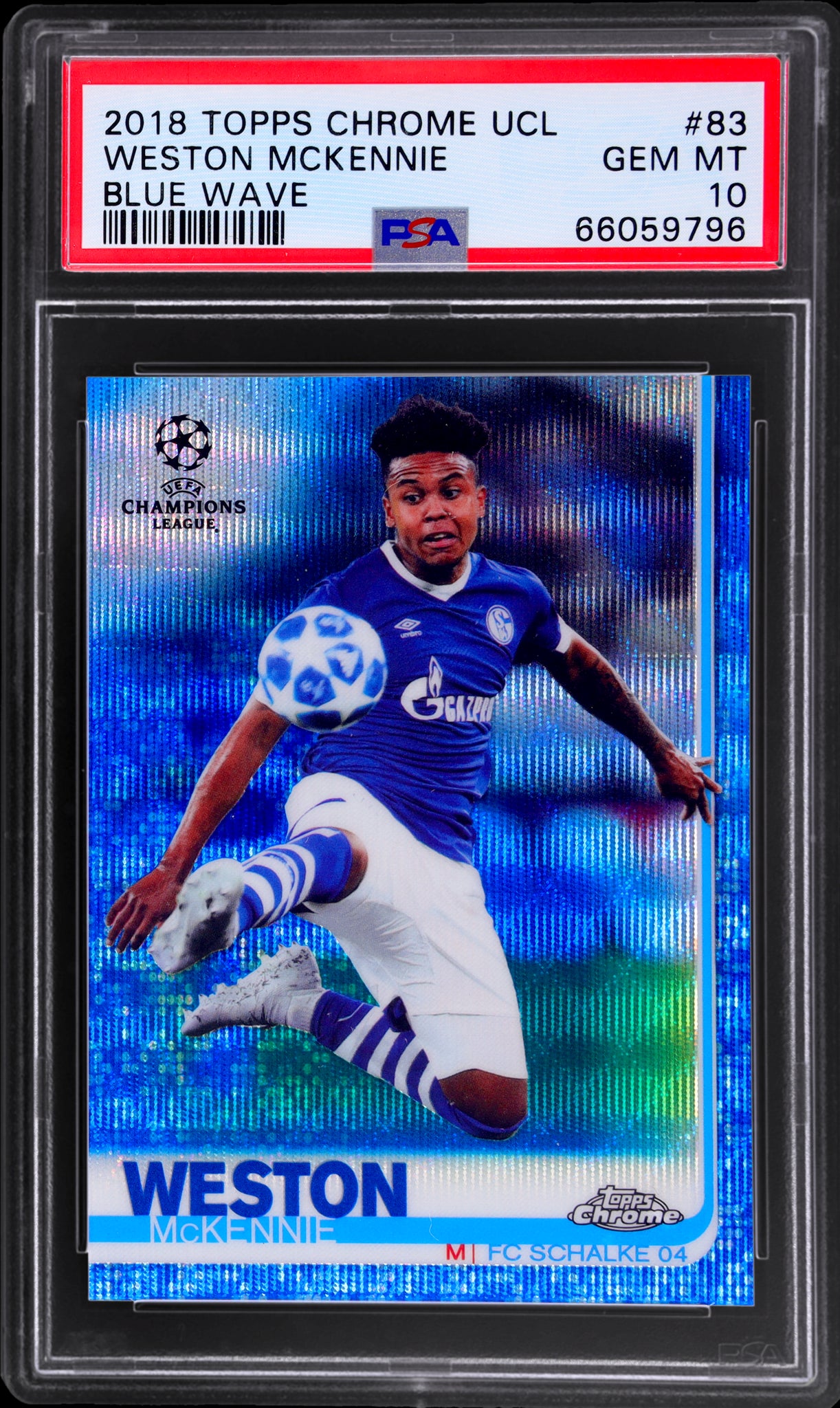 2018 Topps Chrome UEFA Champions League #83 Weston Mckennie Blue Wave Refractor /75 PSA 10