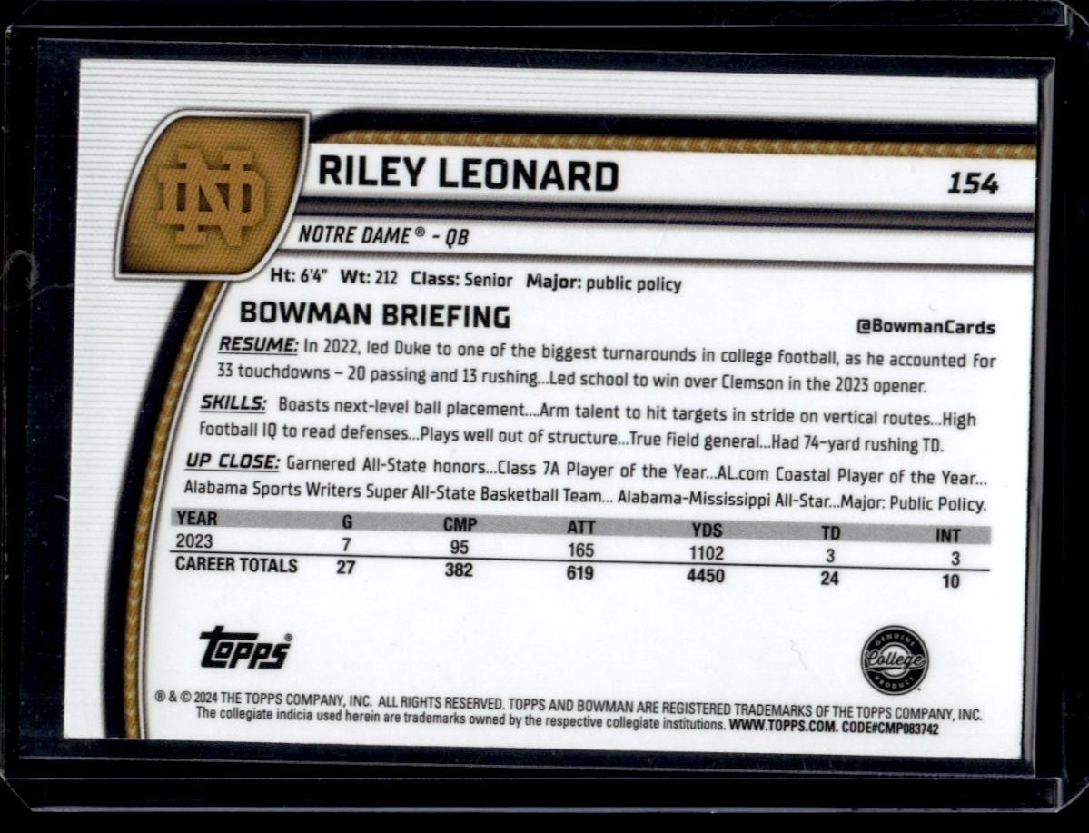 2024 Bowman Chrome #154 Riley Leonard Notre Dame