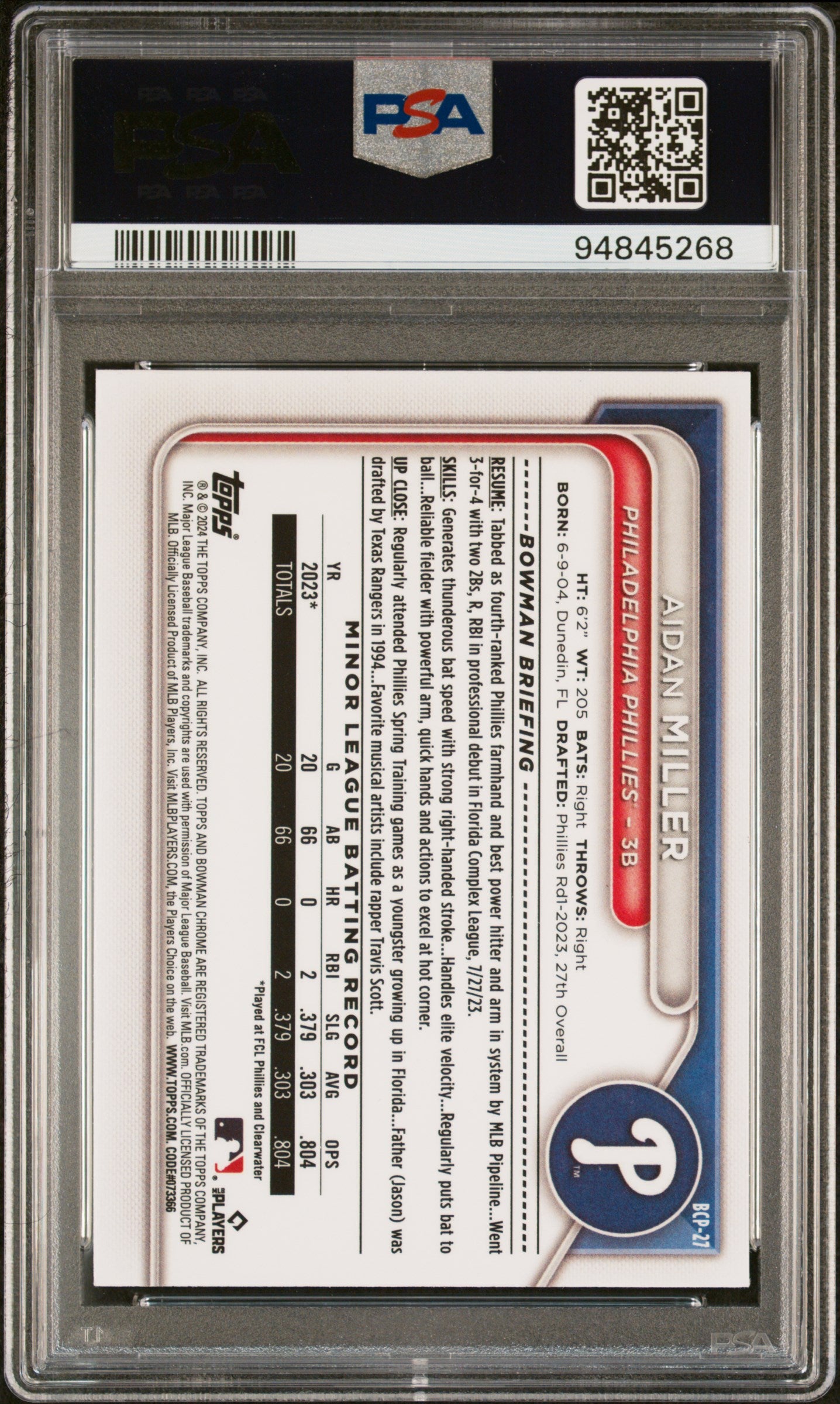 2024 Bowman Mega Box Chrome Prospects Aidan Miller #27 PSA 10