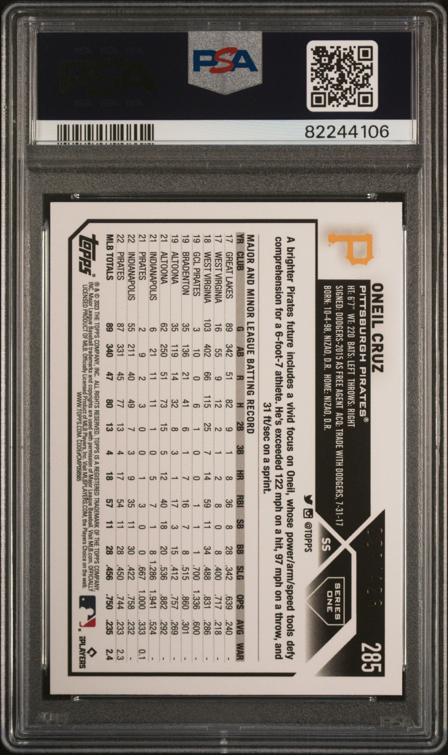 2023 Topps Complete Set Hobby Foilboard Oneil Cruz #285 PSA 10