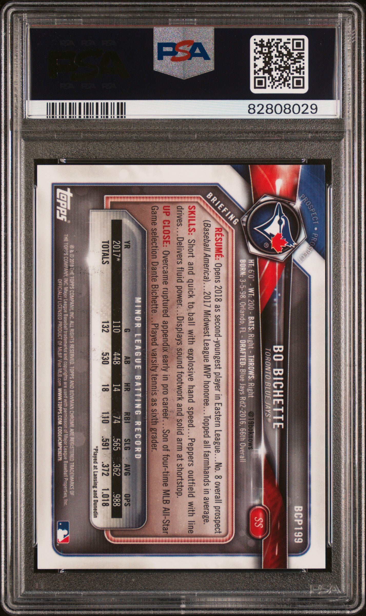 2018 Bowman Chrome Prospects Purple Refractor Bo Bichette #BCP199 /250 PSA 10