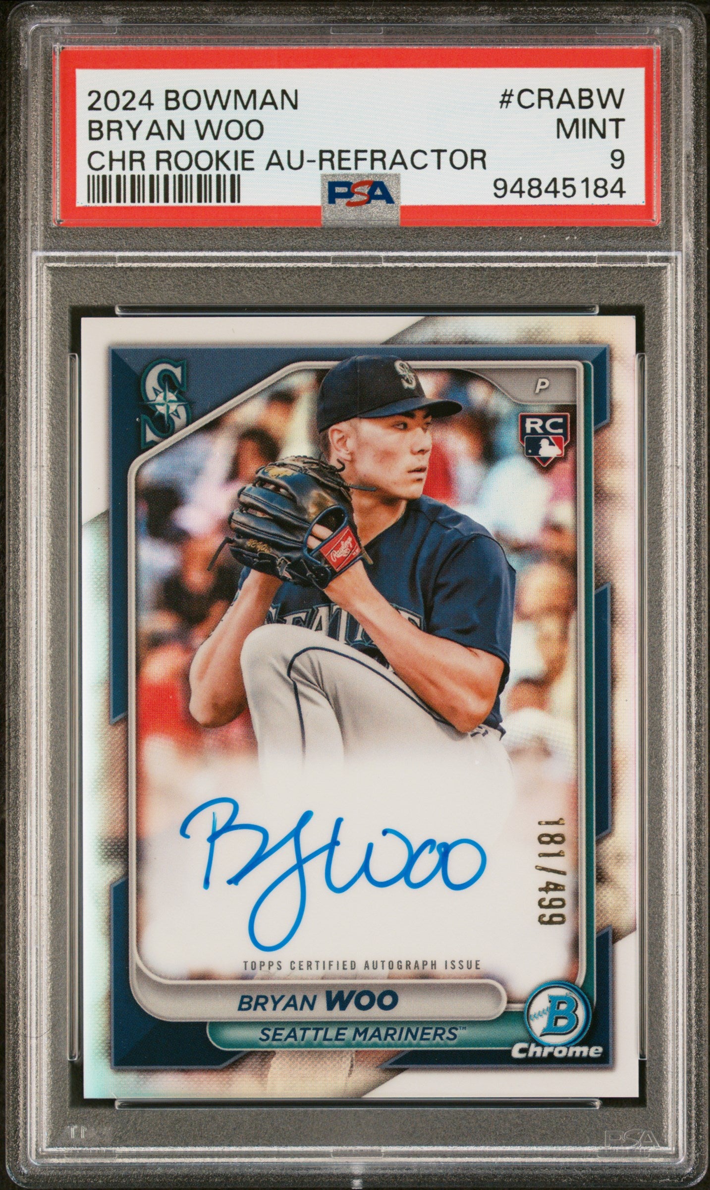 2024 Bowman Chrome Rookie Autograph Refractor Bryan Woo #CRABW /499 PSA 9