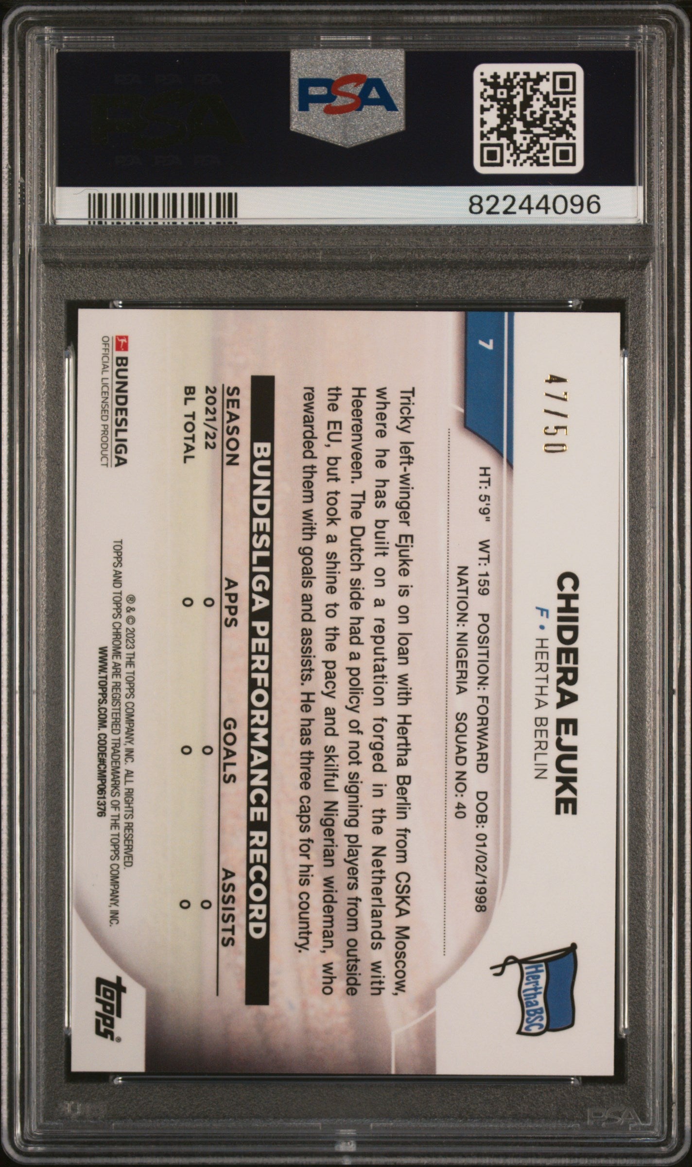 2022 Topps Chrome Bundesliga Gold Chidera Ejuke #7 RC /50 PSA 9