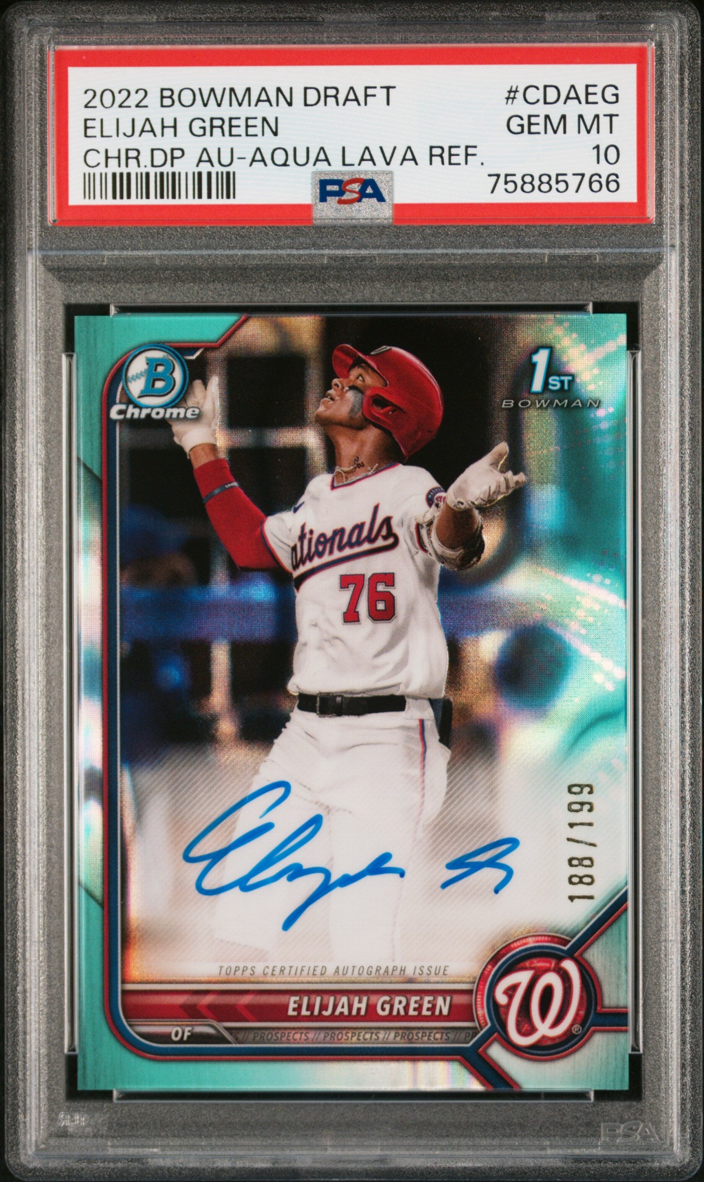 2022 Bowman Draft #CDAEG Elijah Green Chrome Autograph Aqua Lava Refractor /199 PSA 10