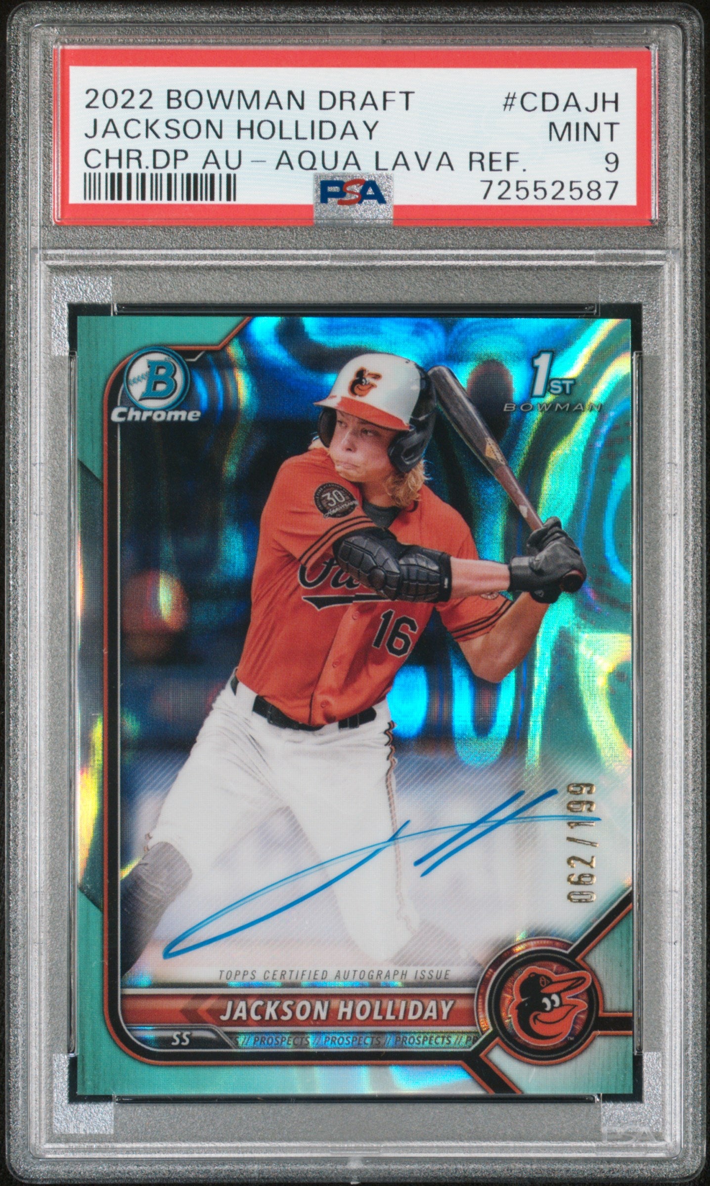 2022 Bowman Draft #CDAJH Jackson Holliday Chrome Autograph Aqua Lava Refractor /199 PSA 9