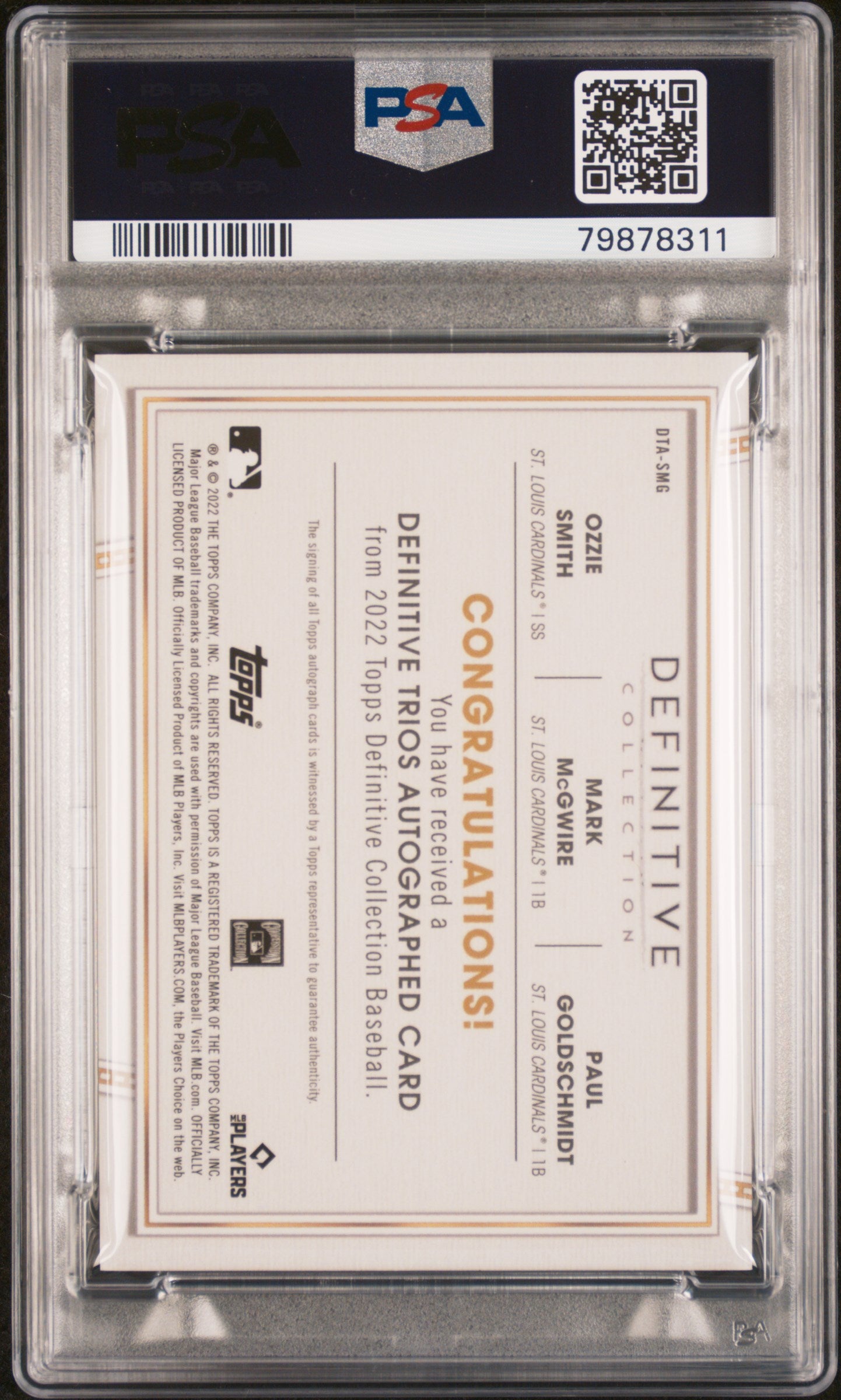 2022 Topps Definitive Trios Auto Mark Mcgwire/Ozzie Smith Goldschmidt PSA 10