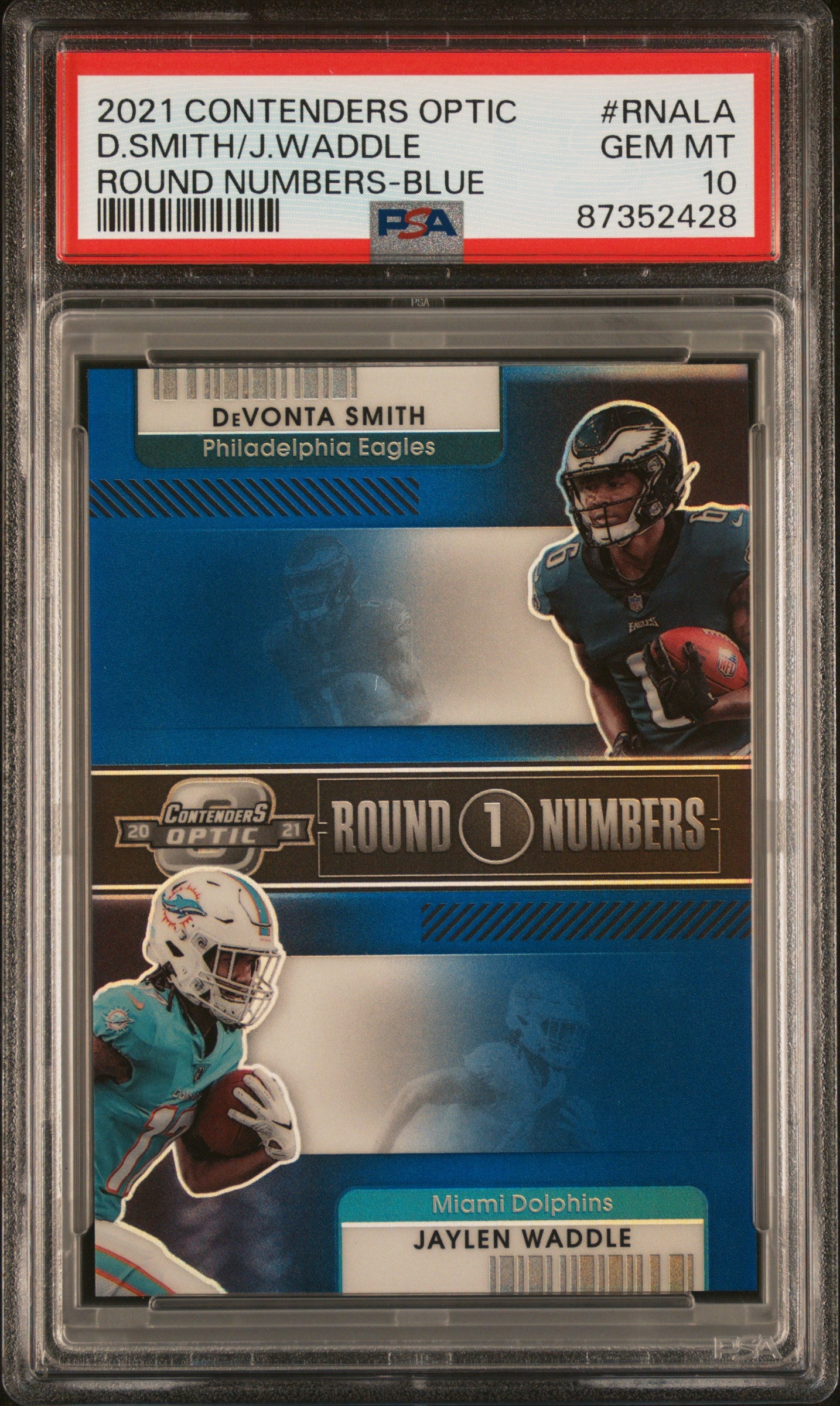 2021 Panini Contenders Optic Round Numbers #RNALA Devonta Smith/Jaylen Waddle Blue PSA 10