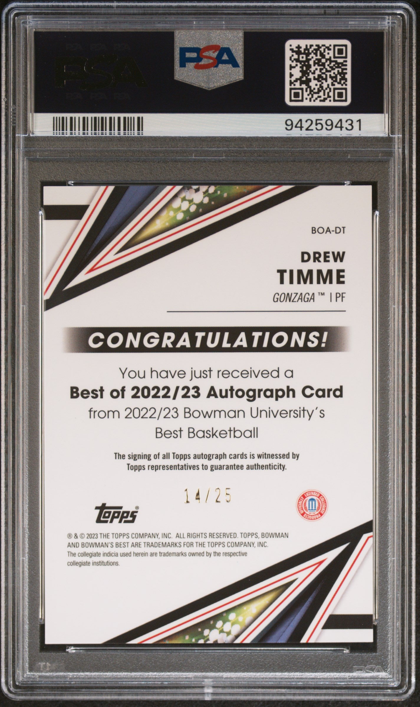 2022 Bowman University Best Best of 2022 Auto Speckle Ref Drew Timme /25 PSA 10